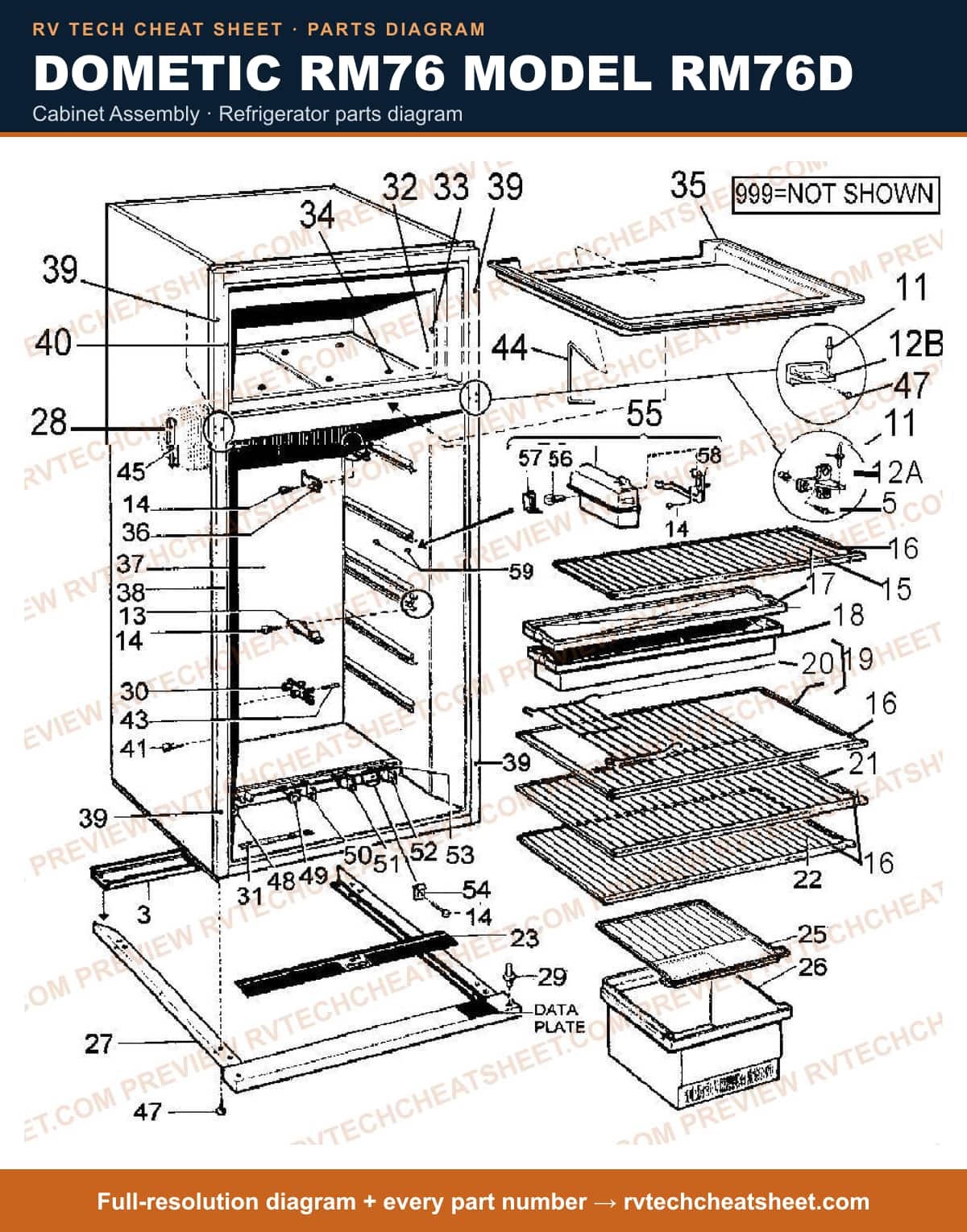 Dometic RM76 Model RM76D cabinet assembly — parts list sheet
