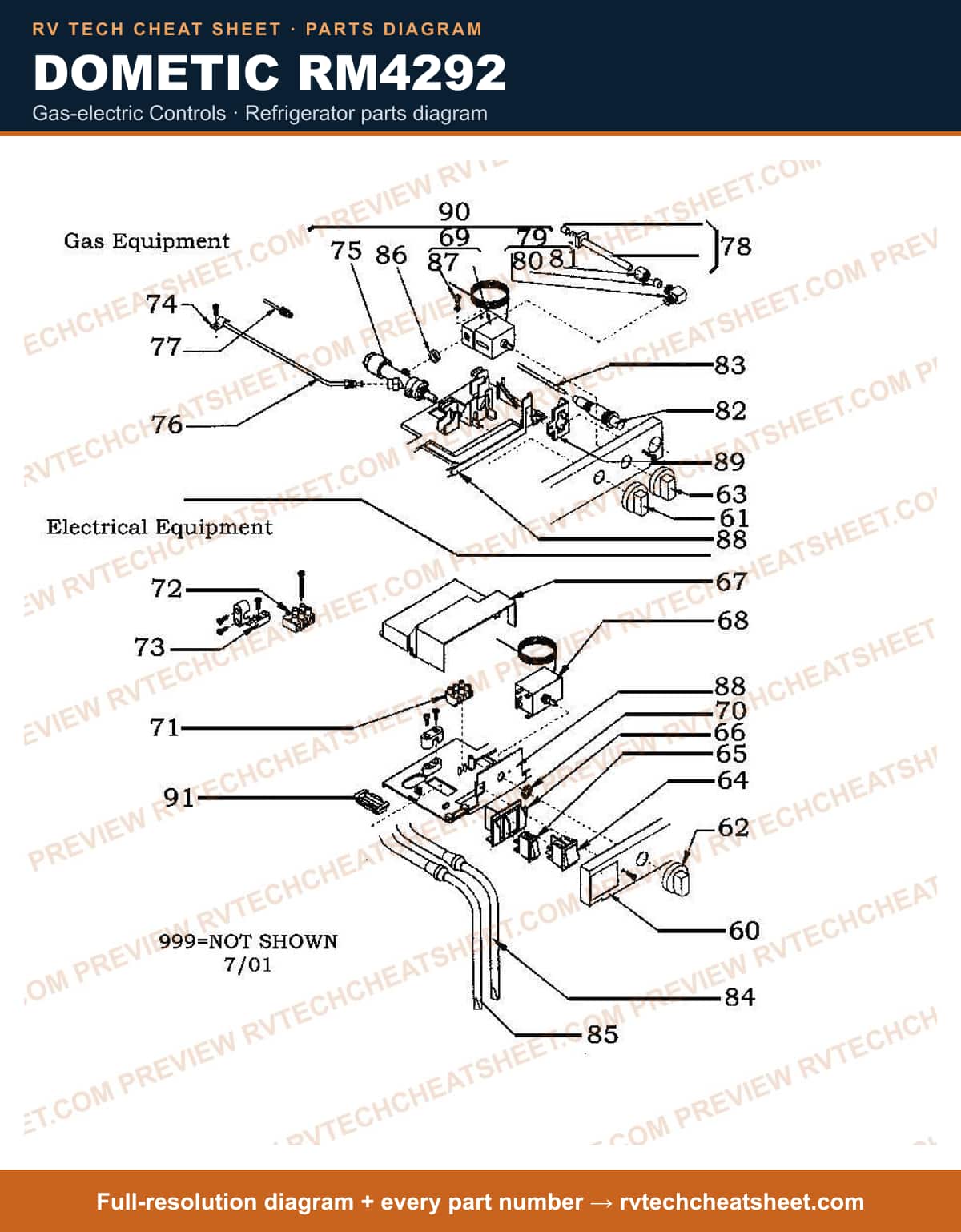 Dometic RM4292 gas-electric controls — parts list sheet