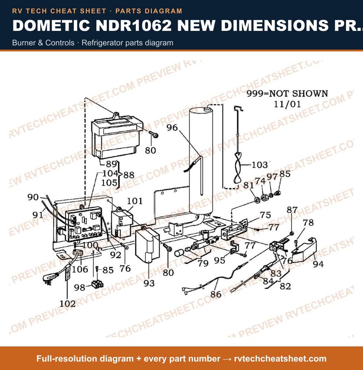 Dometic NDR1062 New Dimensions Product # 921146087 (black) burner & controls — parts list sheet