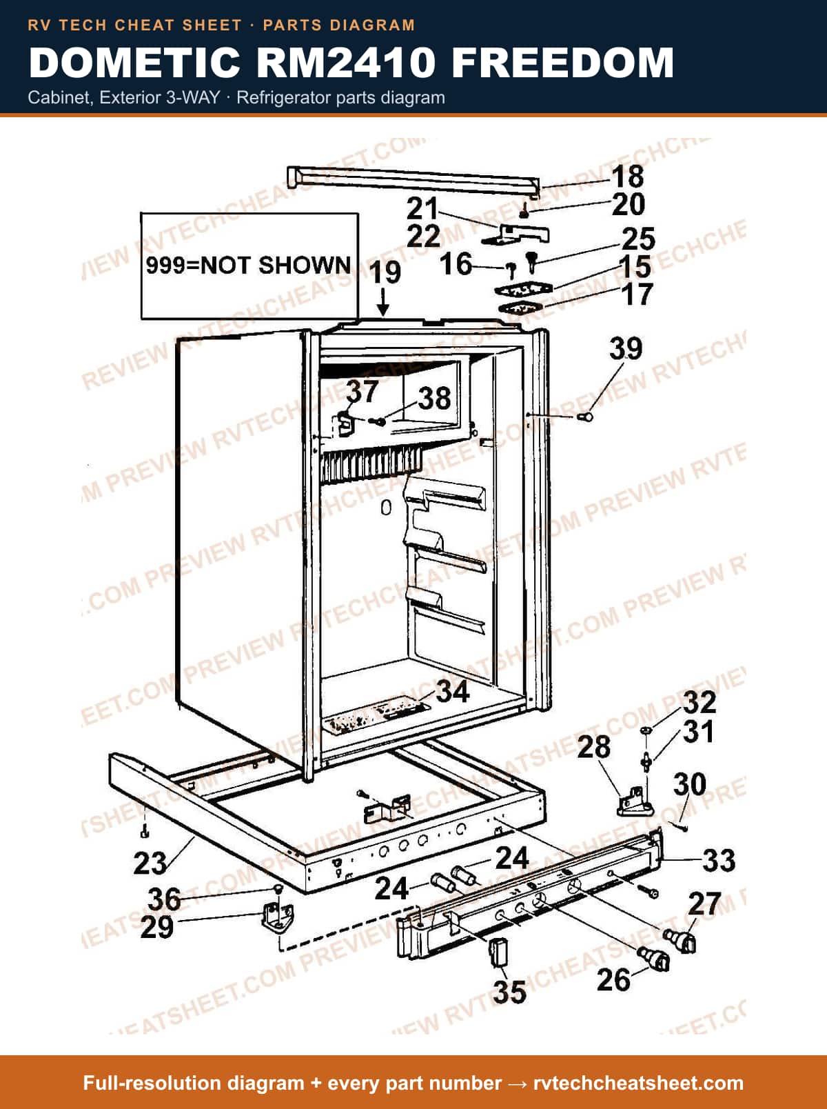 Dometic RM2410 Freedom cabinet, exterior 3-way — parts list sheet