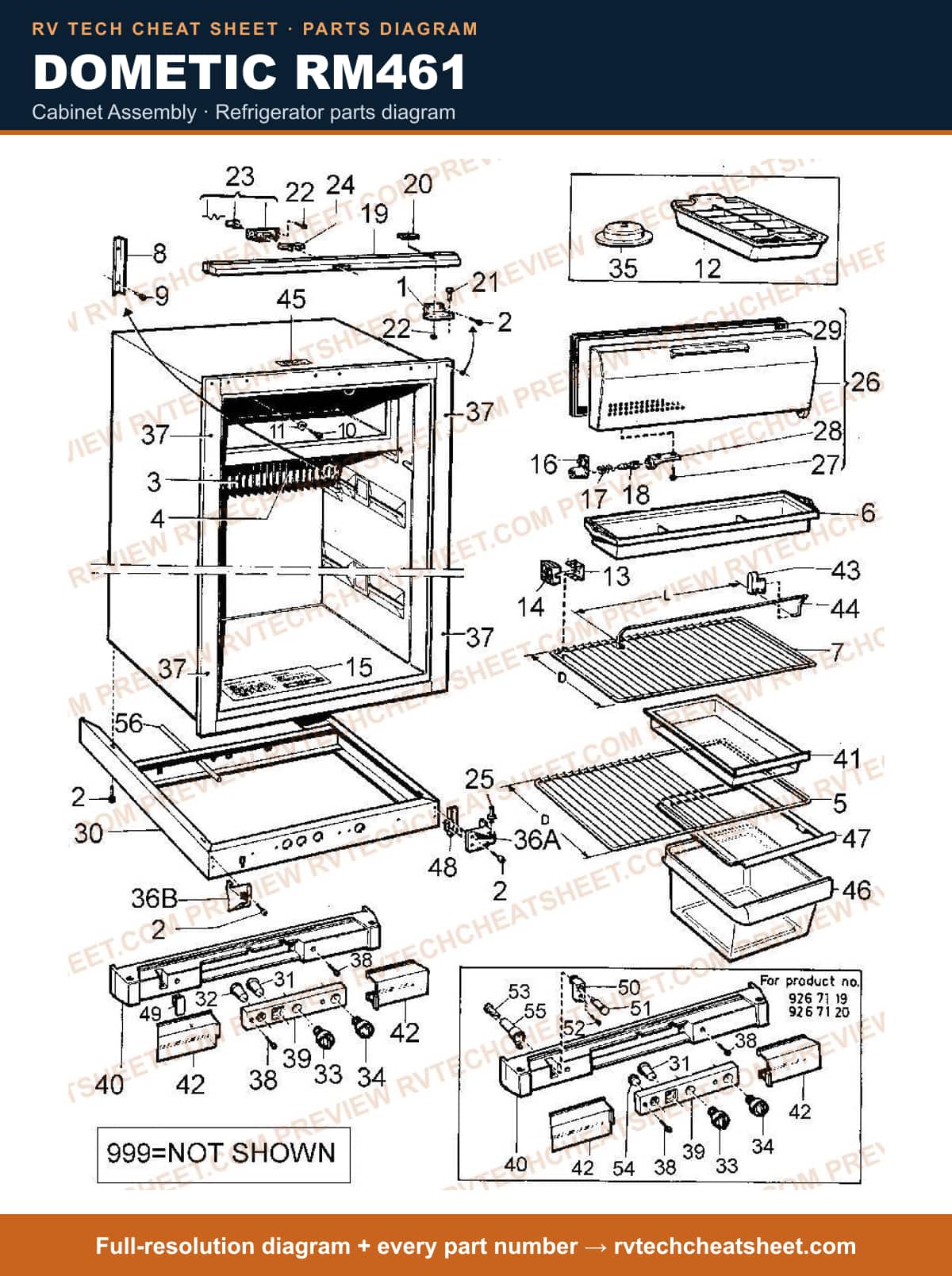 Dometic RM461 cabinet assembly — parts list sheet