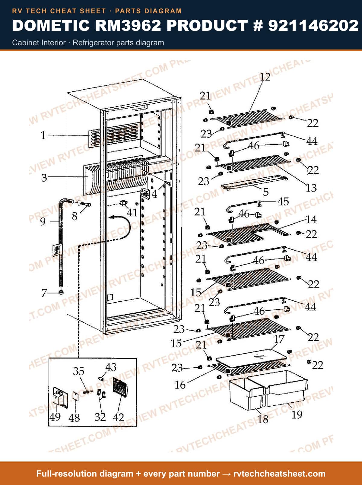Dometic RM3962 Product # 921146202 cabinet interior — parts list sheet