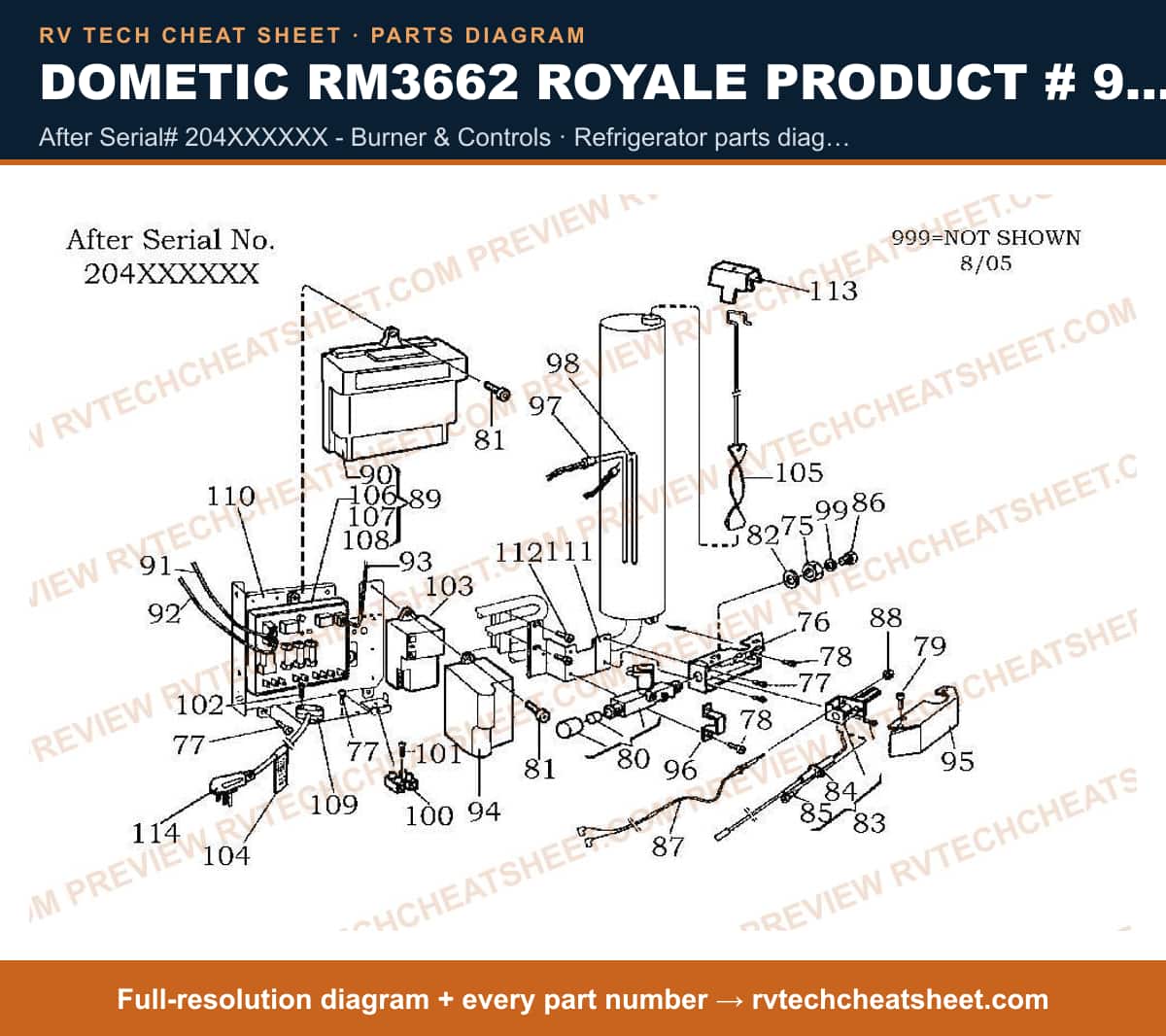 Dometic RM3662 Royale Product # 921144045 Black after serial# 204xxxxxx - burner & controls — parts list sheet