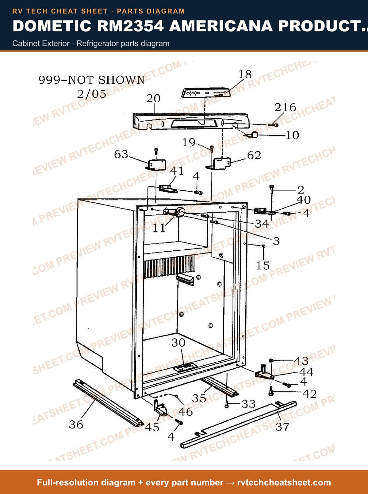 Dometic RM2354 Americana Product # 921145031 Black cabinet exterior — parts list sheet
