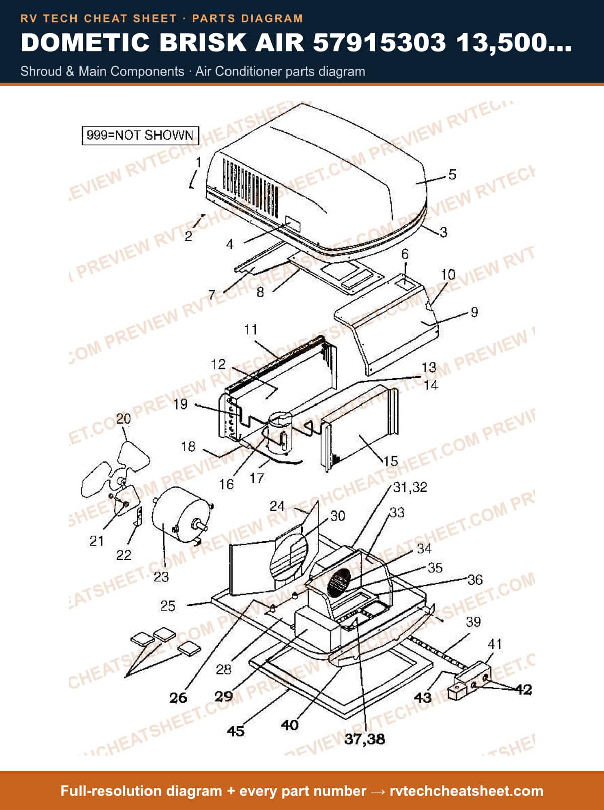 Dometic Brisk Air 57915303 13,500 BTU shroud & main components — exploded parts diagram