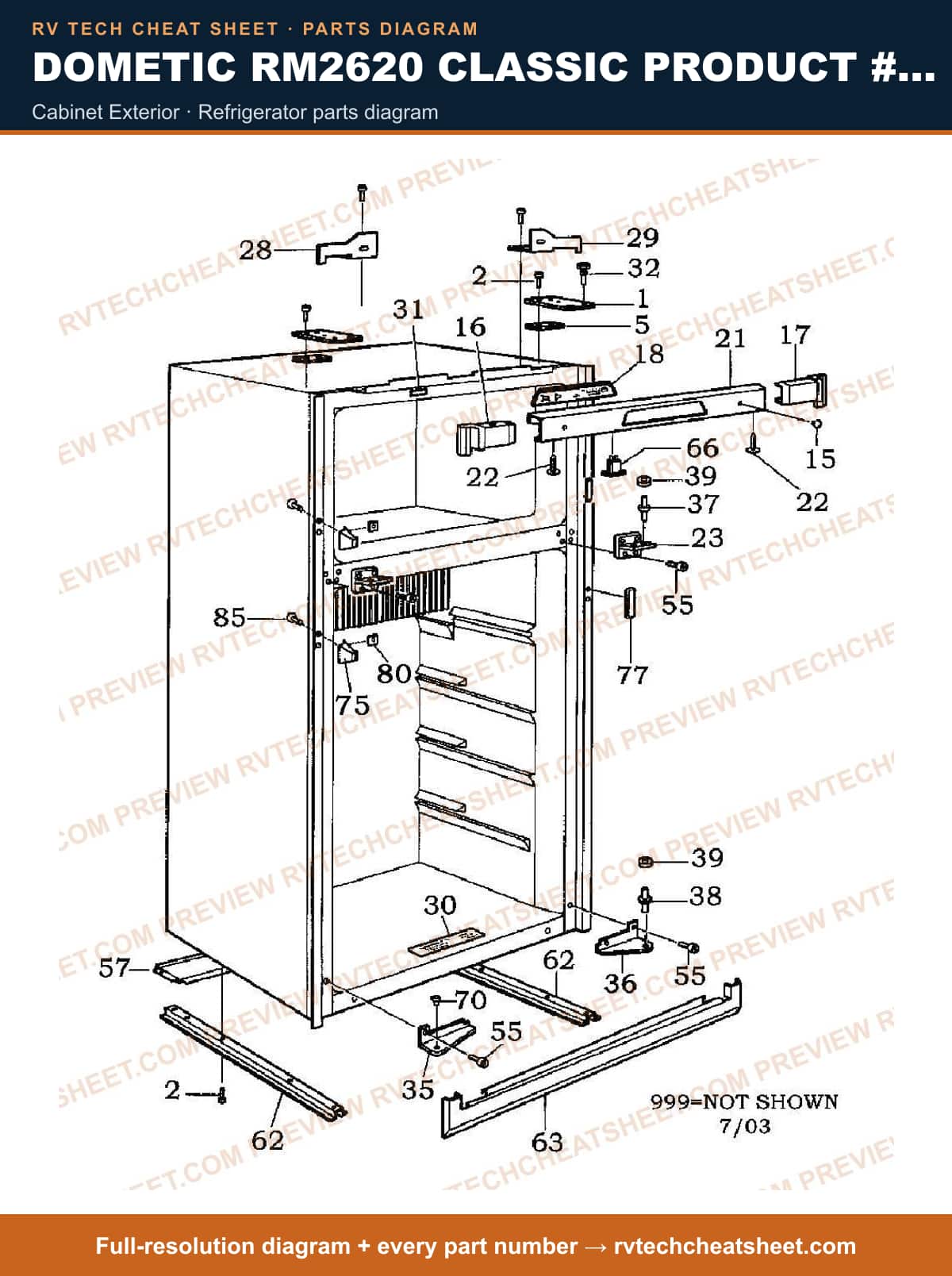 Dometic RM2620 Classic Product # 921575011 Beige cabinet exterior — parts list sheet