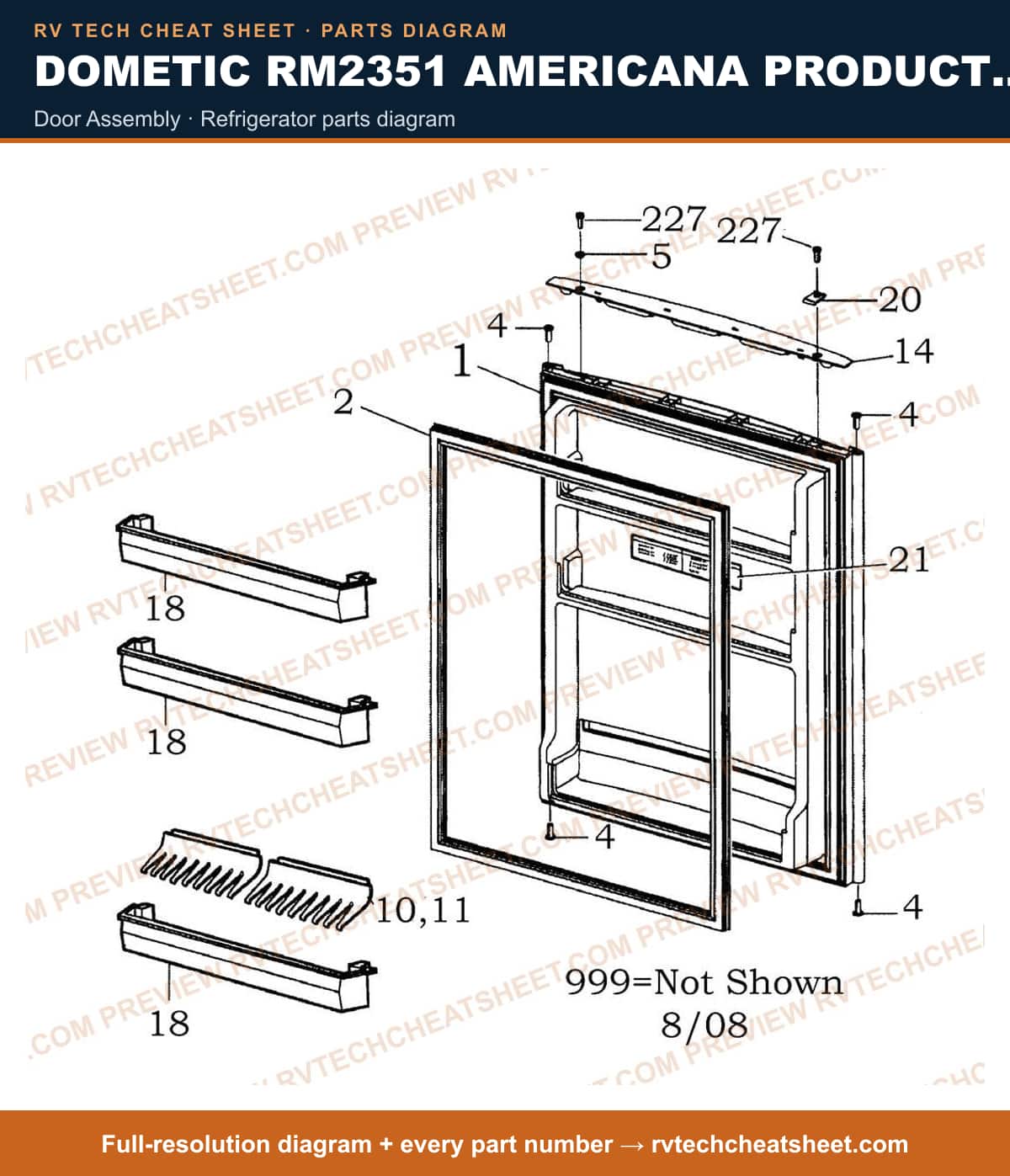 Dometic RM2351 Americana Product # 921145057 Black door assembly — parts list sheet