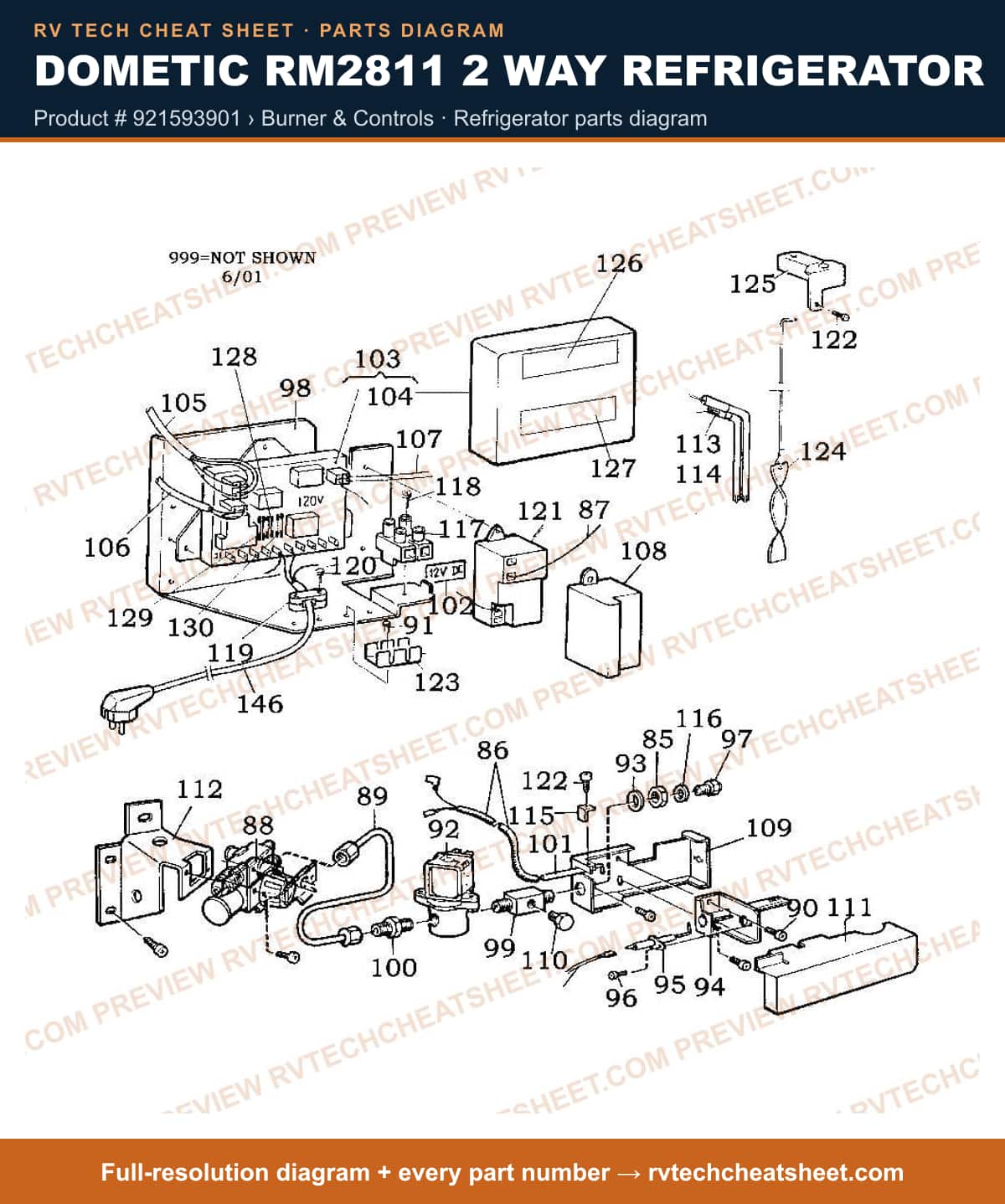Dometic RM2811 2 Way Refrigerator product # 921593901 › burner & controls — parts list sheet