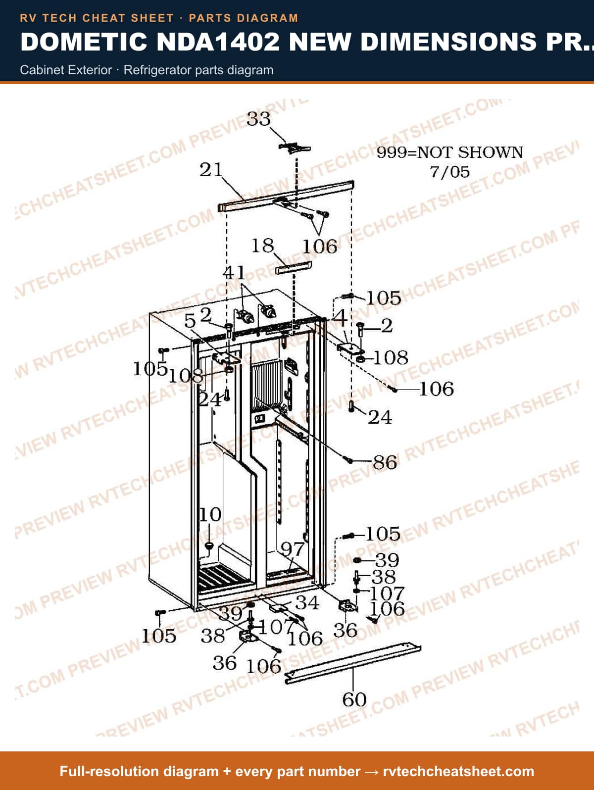 Dometic NDA1402 New Dimensions Product # 921148254 Black cabinet exterior — parts list sheet