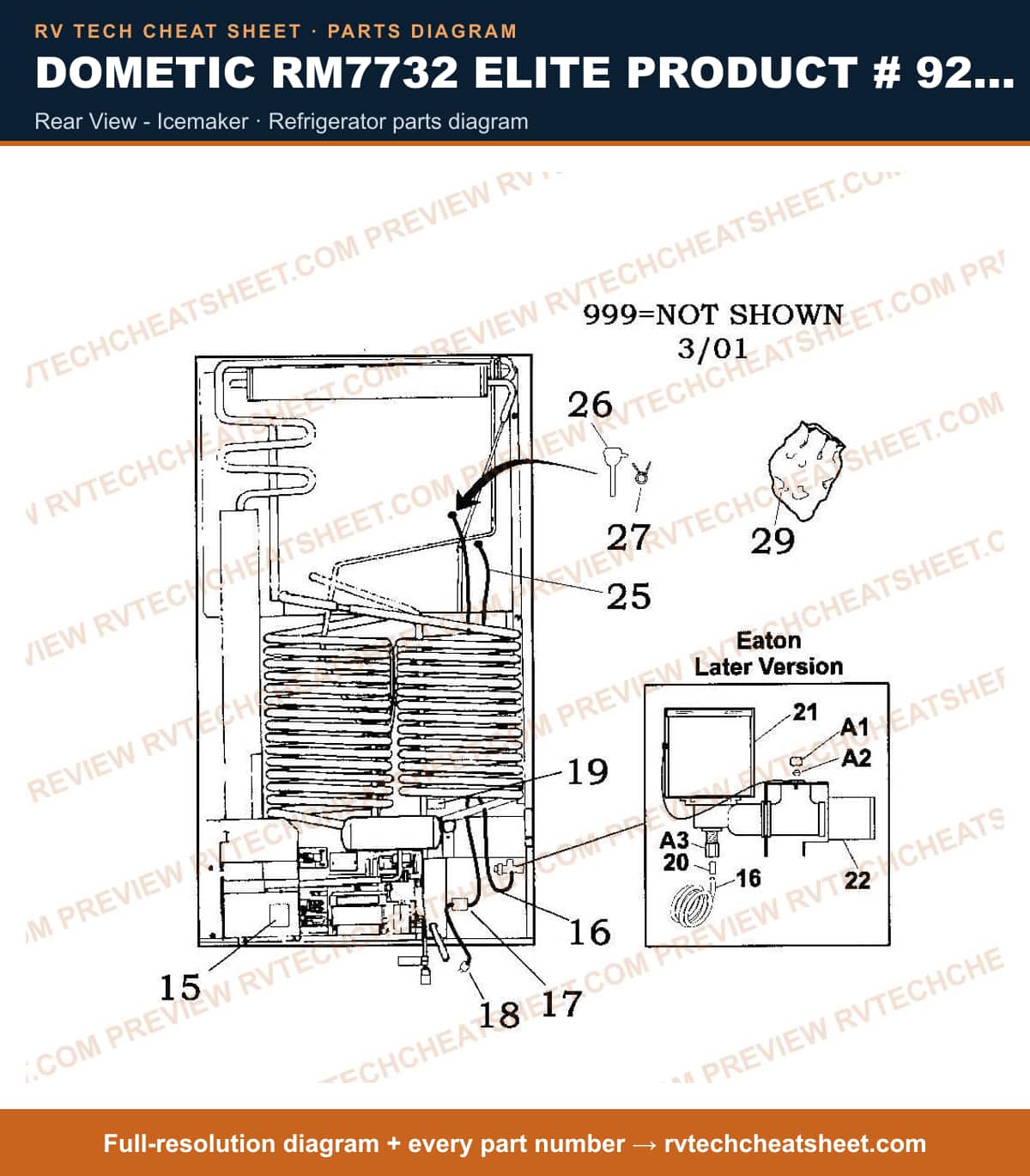 Dometic RM7732 Elite Product # 921148011 rear view - icemaker — parts list sheet