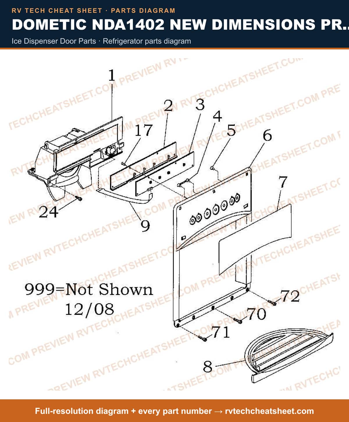 Dometic NDA1402 New Dimensions Product # 921148415 Stainless ice dispenser door parts — parts list sheet