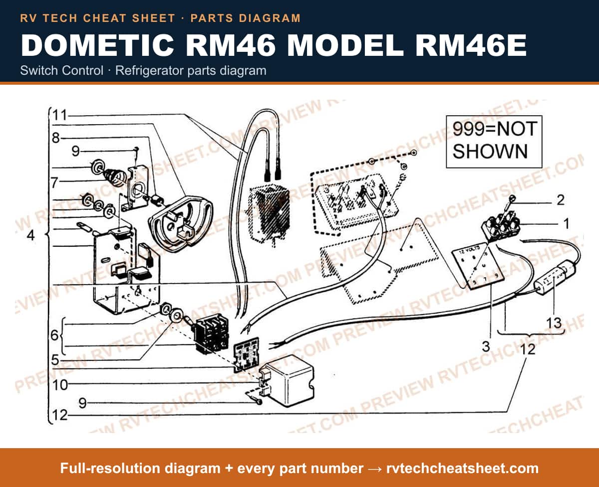 Dometic RM46 Model RM46E switch control — parts list sheet