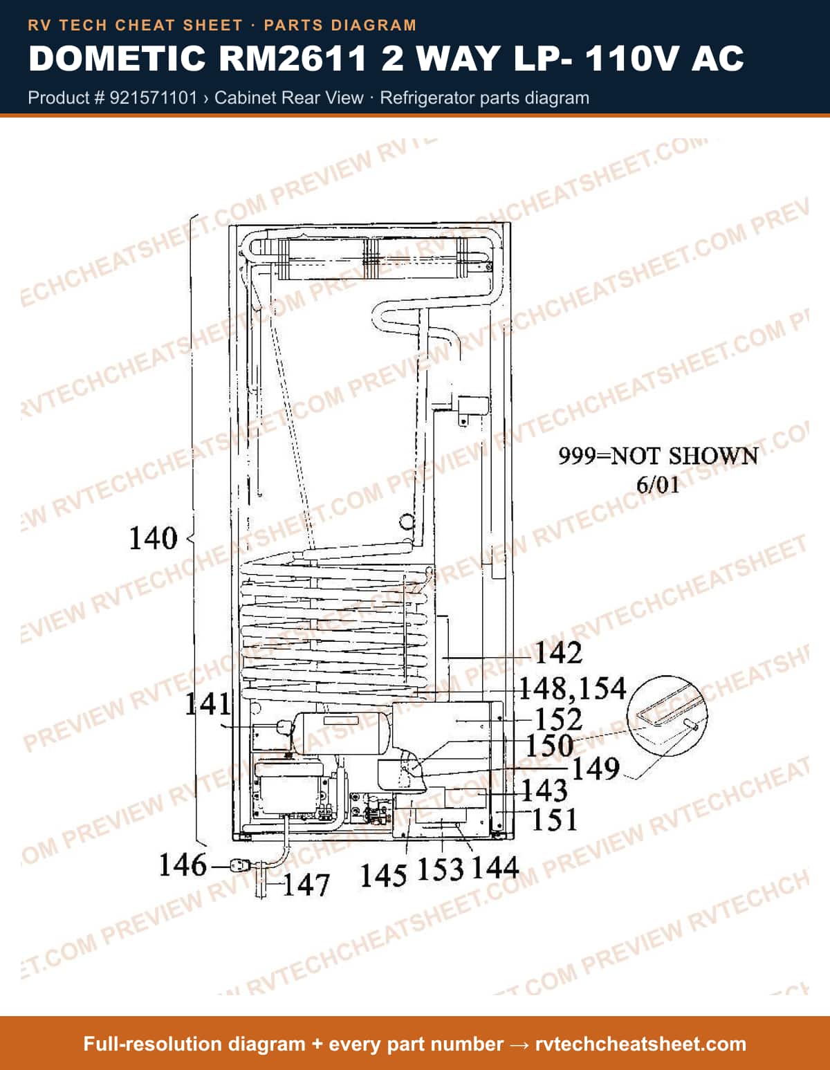 Dometic RM2611 2 Way Lp- 110V AC product # 921571101 › cabinet rear view — parts list sheet