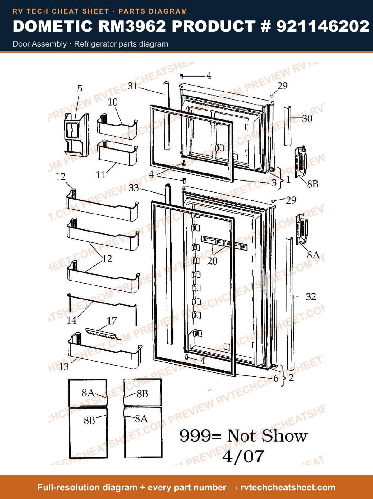 Dometic RM3962 Product # 921146202 door assembly — parts list sheet