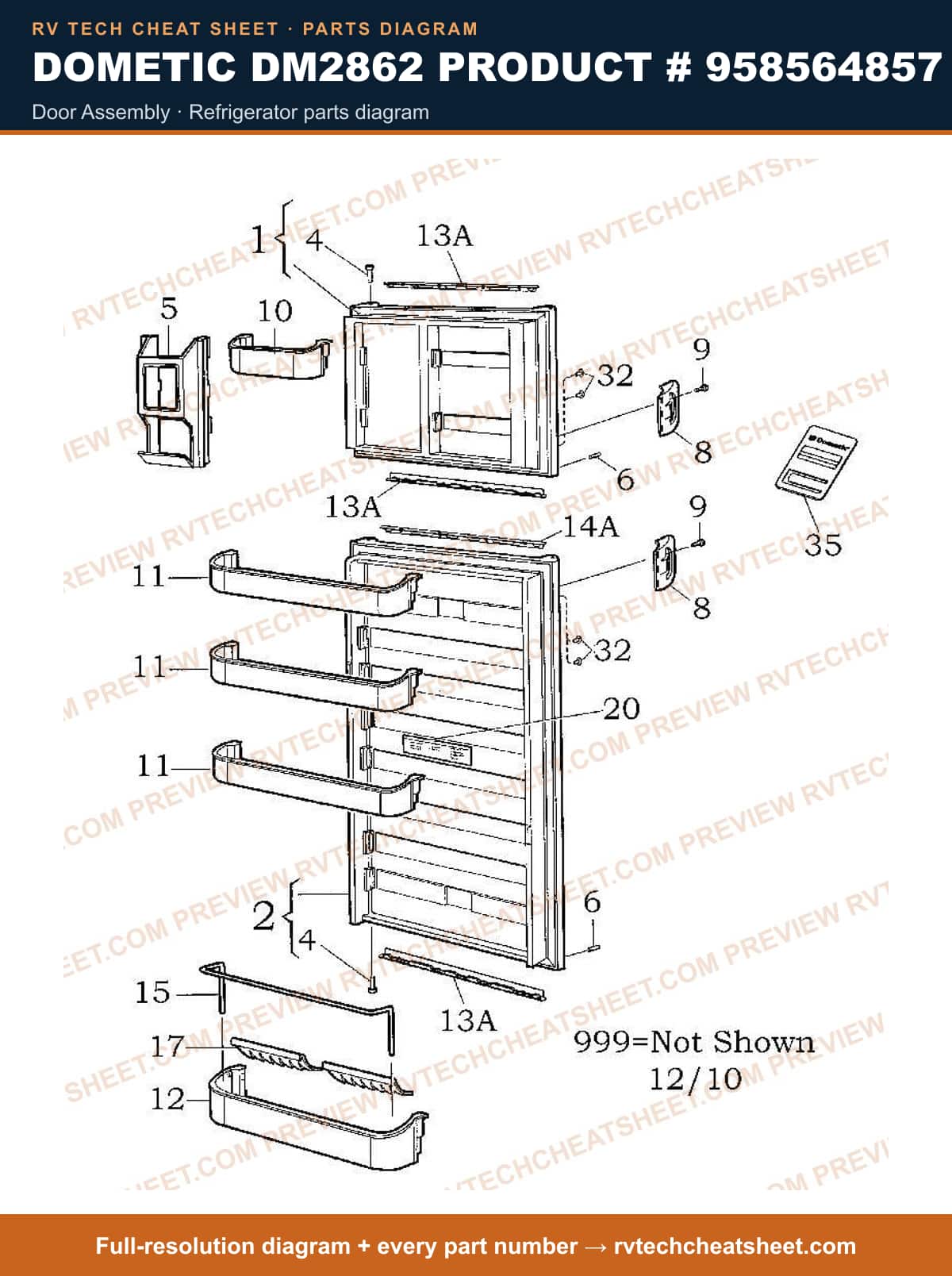 Dometic DM2862 Product # 958564857 door assembly — parts list sheet