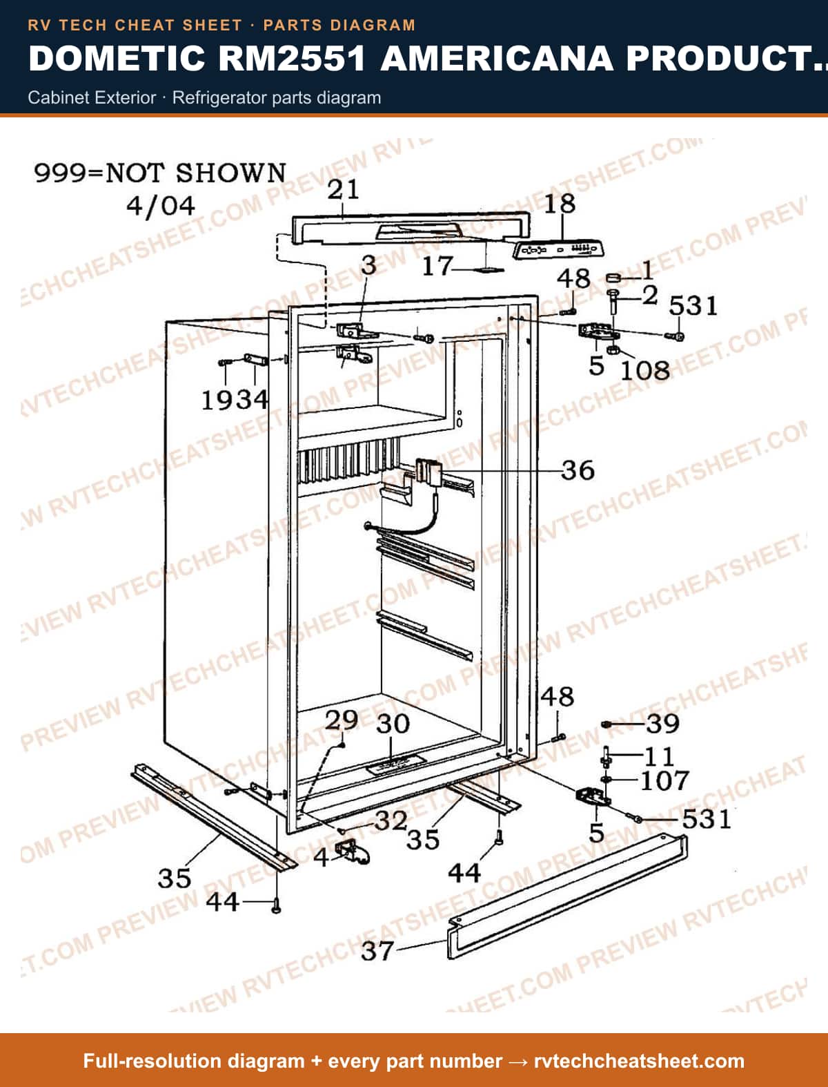 Dometic RM2551 Americana Product # 921142019 Black cabinet exterior — parts list sheet