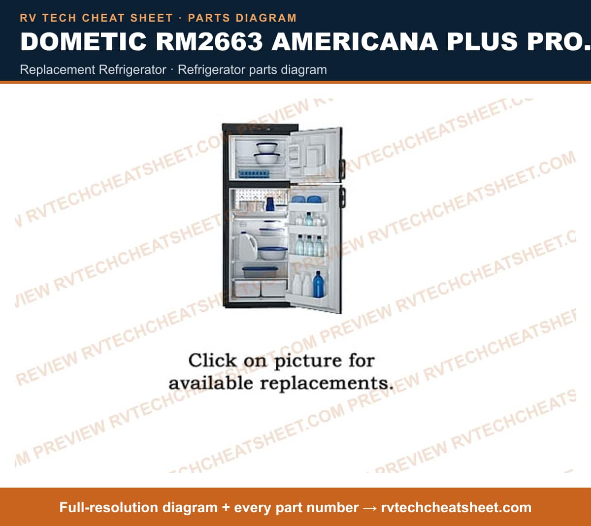 Dometic RM2663 Americana Plus Product # 921144065 Black replacement refrigerator — parts list sheet
