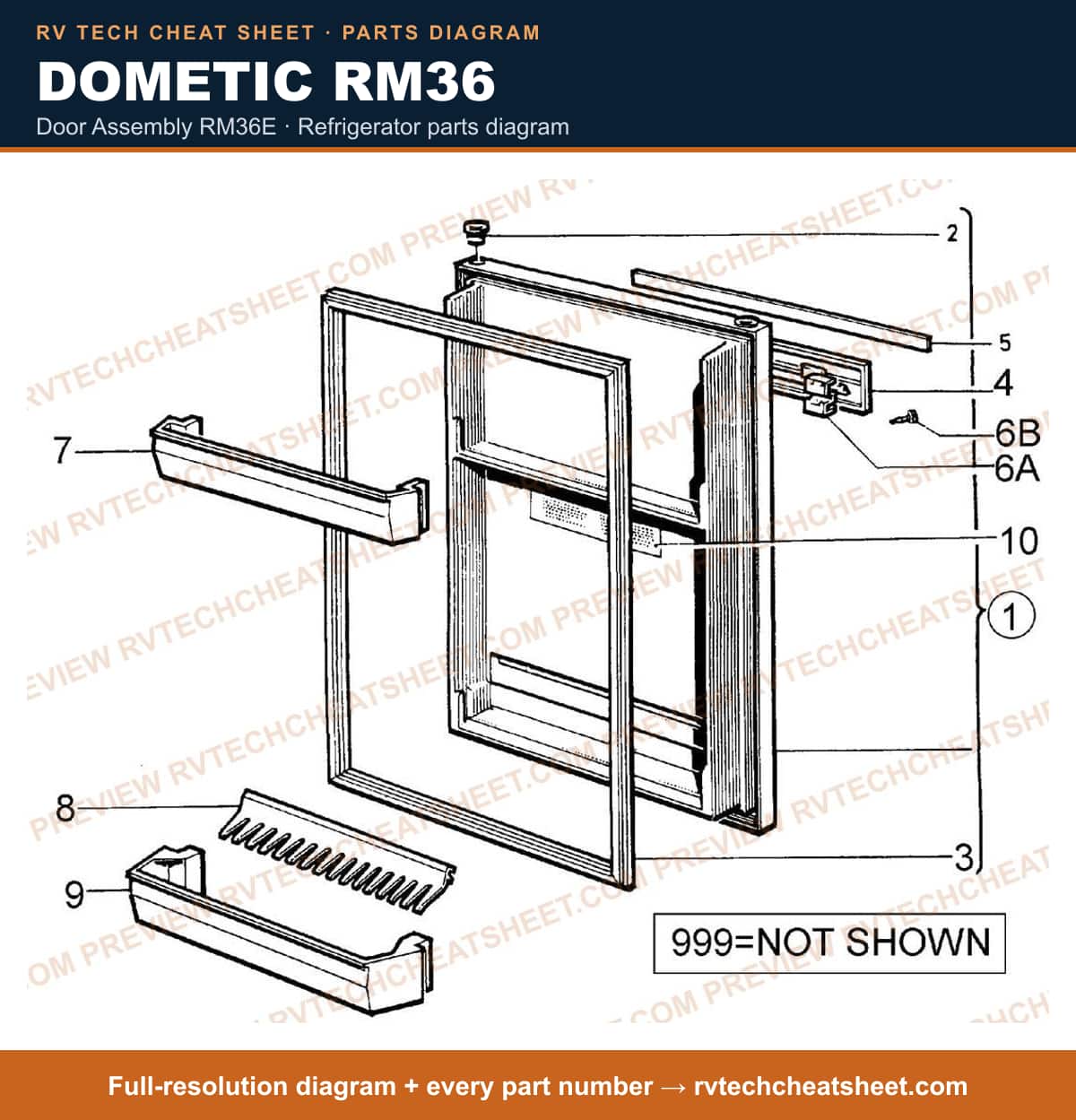 Dometic RM36 door assembly rm36e — parts list sheet