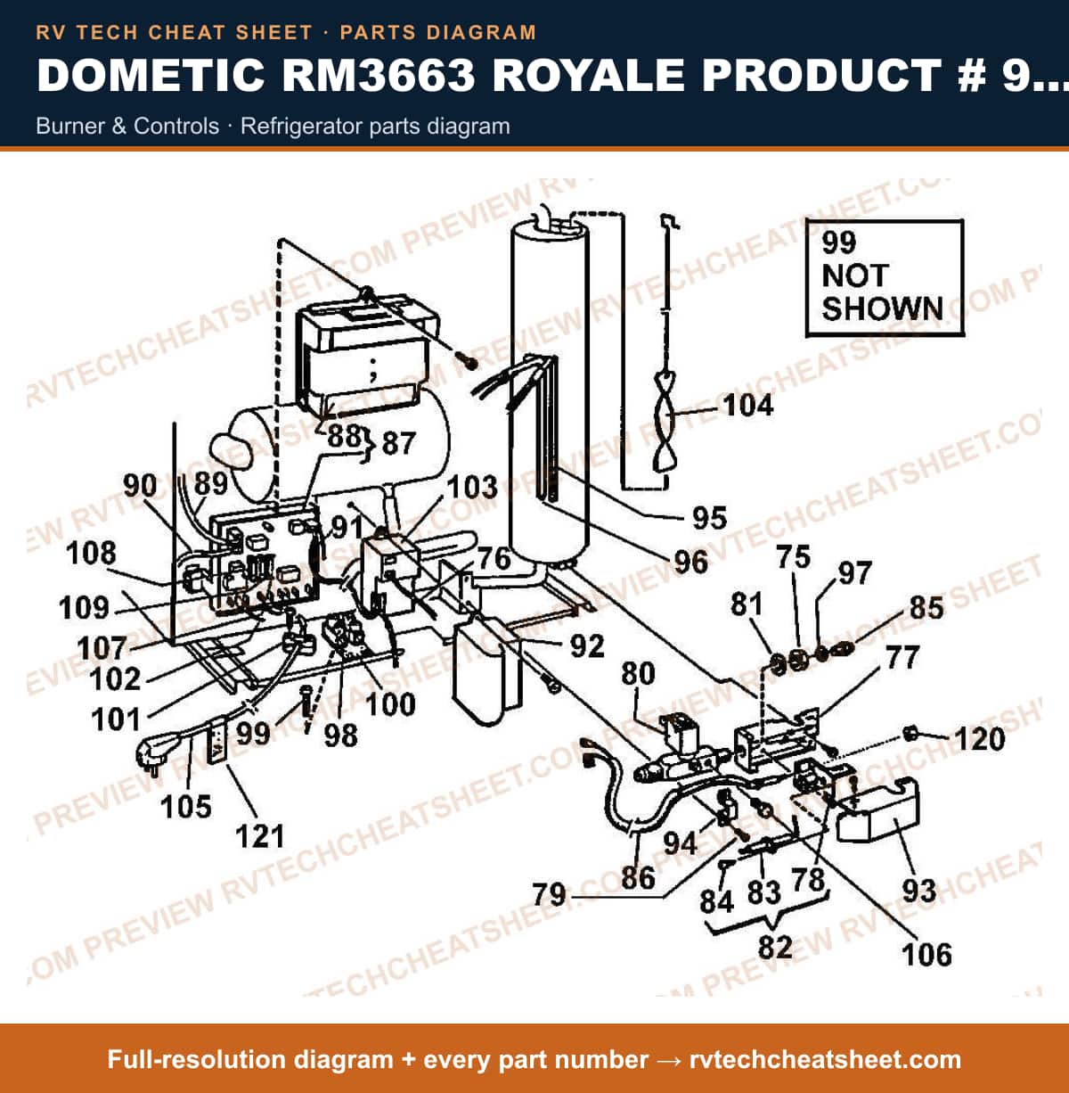 Dometic RM3663 Royale Product # 921144009 Beige burner & controls — parts list sheet