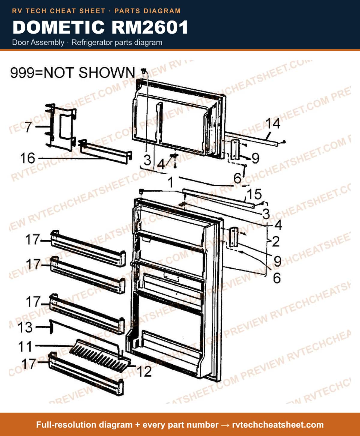 Dometic RM2601 door assembly — parts list sheet