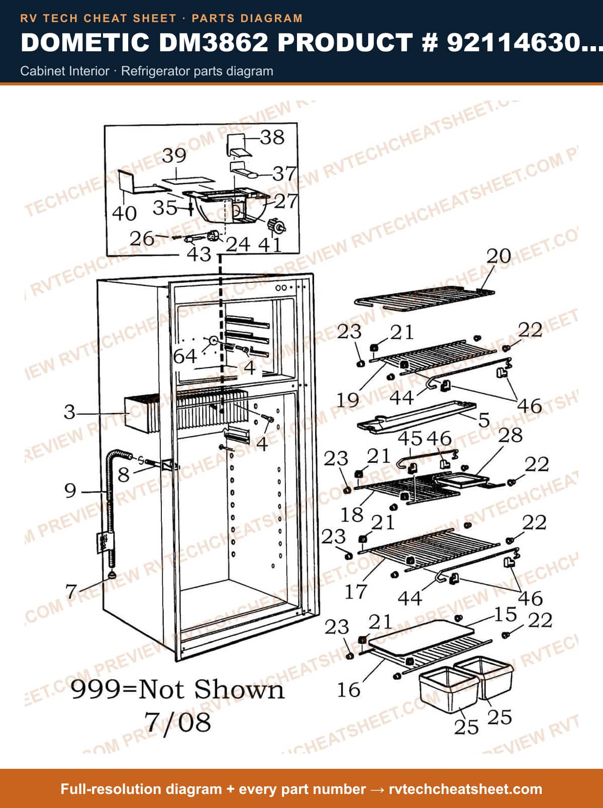 Dometic DM3862 Product # 921146309 Black cabinet interior — parts list sheet