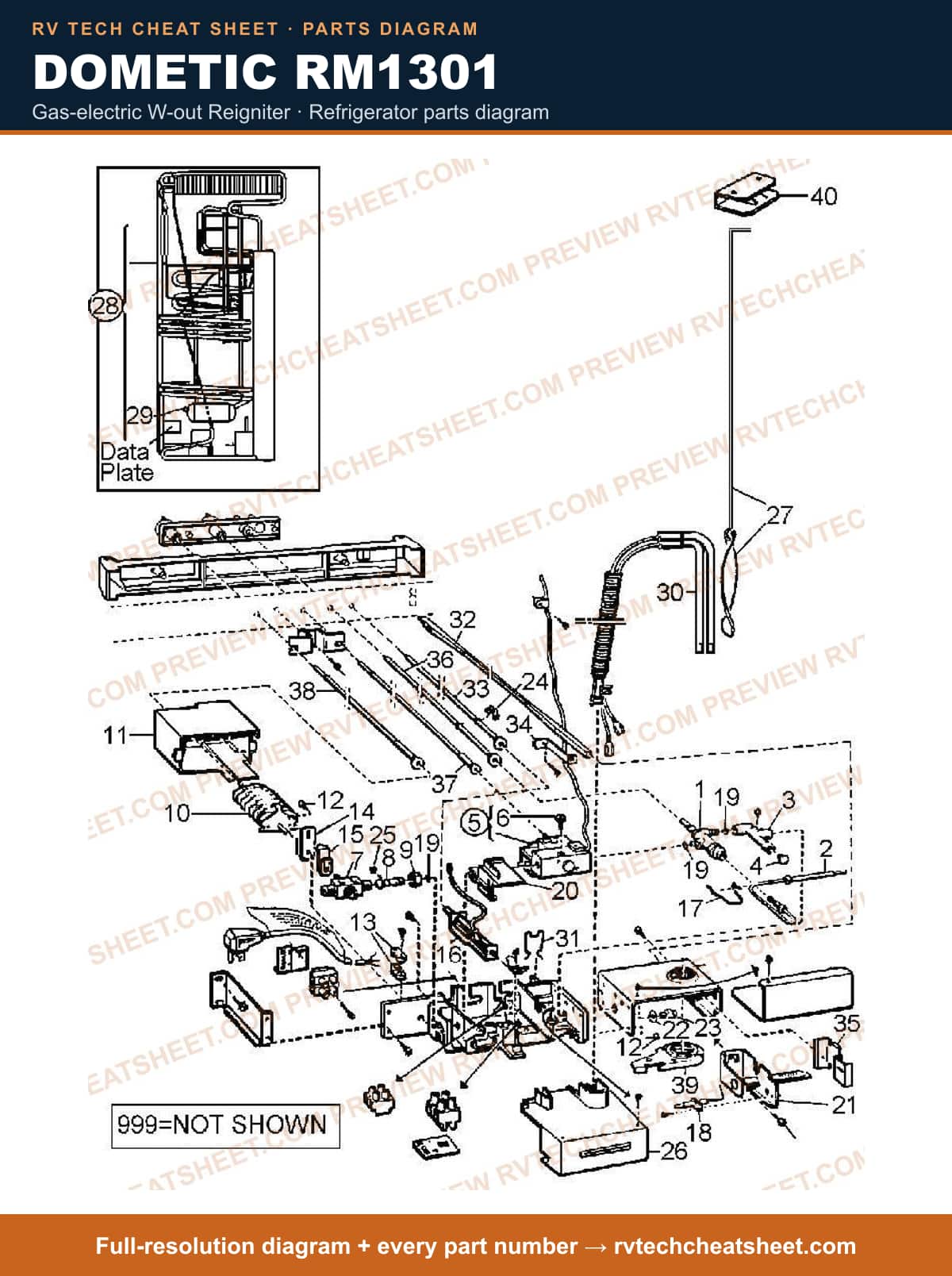 Dometic RM1301 gas-electric w-out reigniter — parts list sheet