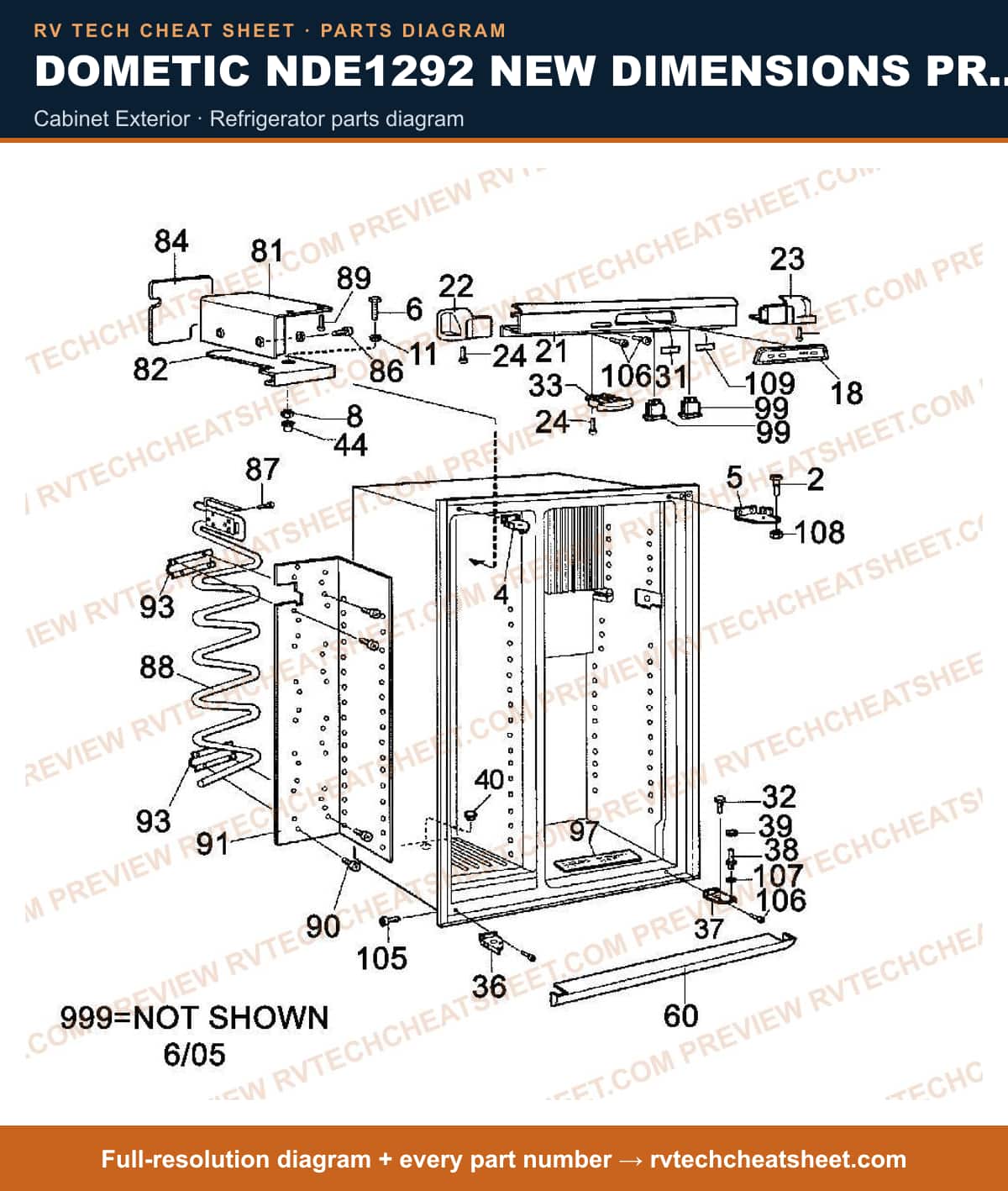 Dometic NDE1292 New Dimensions Product # 921148104 Black cabinet exterior — parts list sheet
