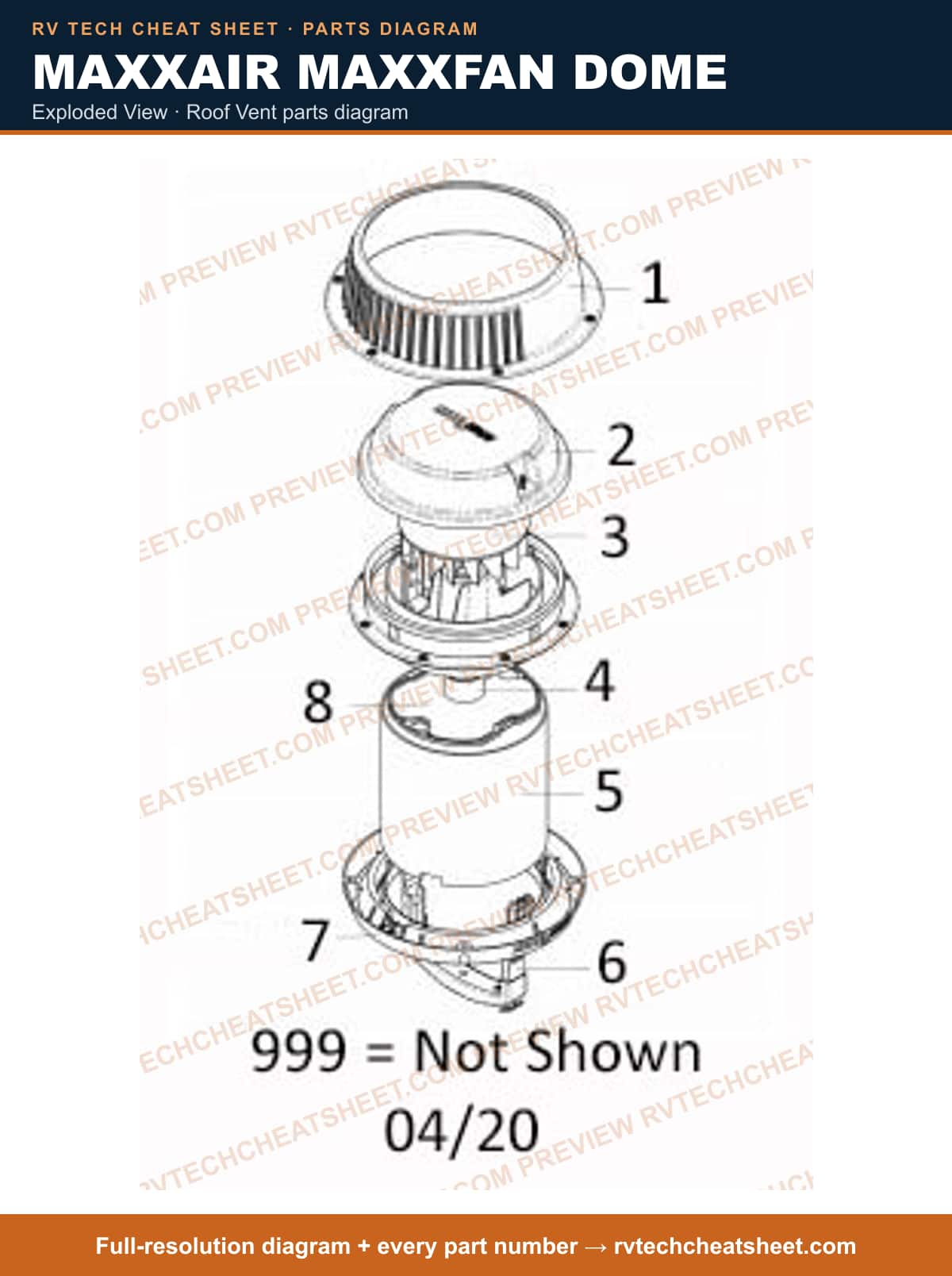MaxxAir Maxxfan Dome exploded view — exploded parts diagram 3 of 4