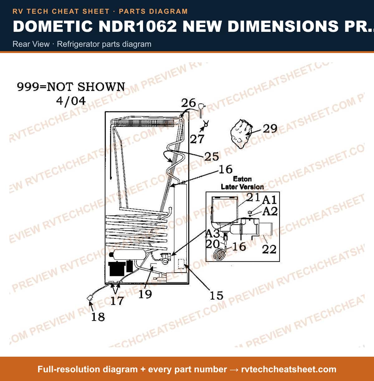 Dometic NDR1062 New Dimensions Product # 921146087 (black) rear view — parts list sheet