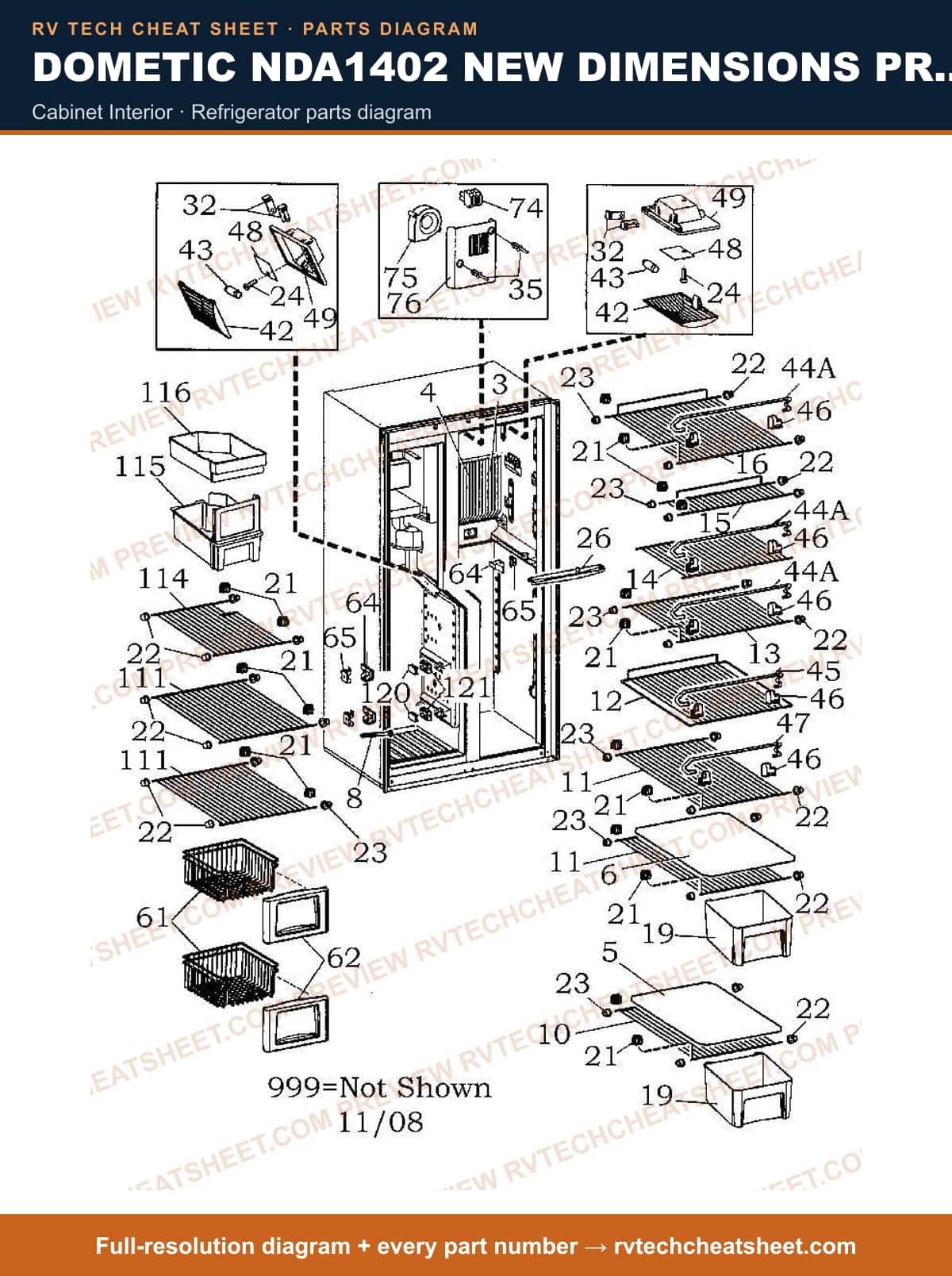 Dometic NDA1402 New Dimensions Product # 921148288 Stainless cabinet interior — parts list sheet