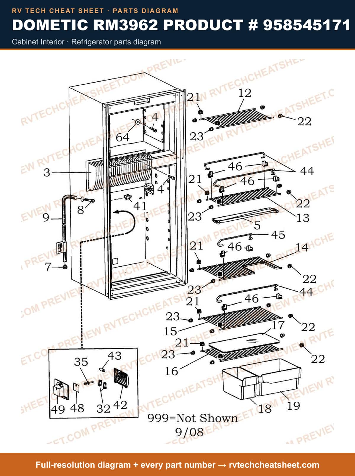 Dometic RM3962 Product # 958545171 cabinet interior — parts list sheet