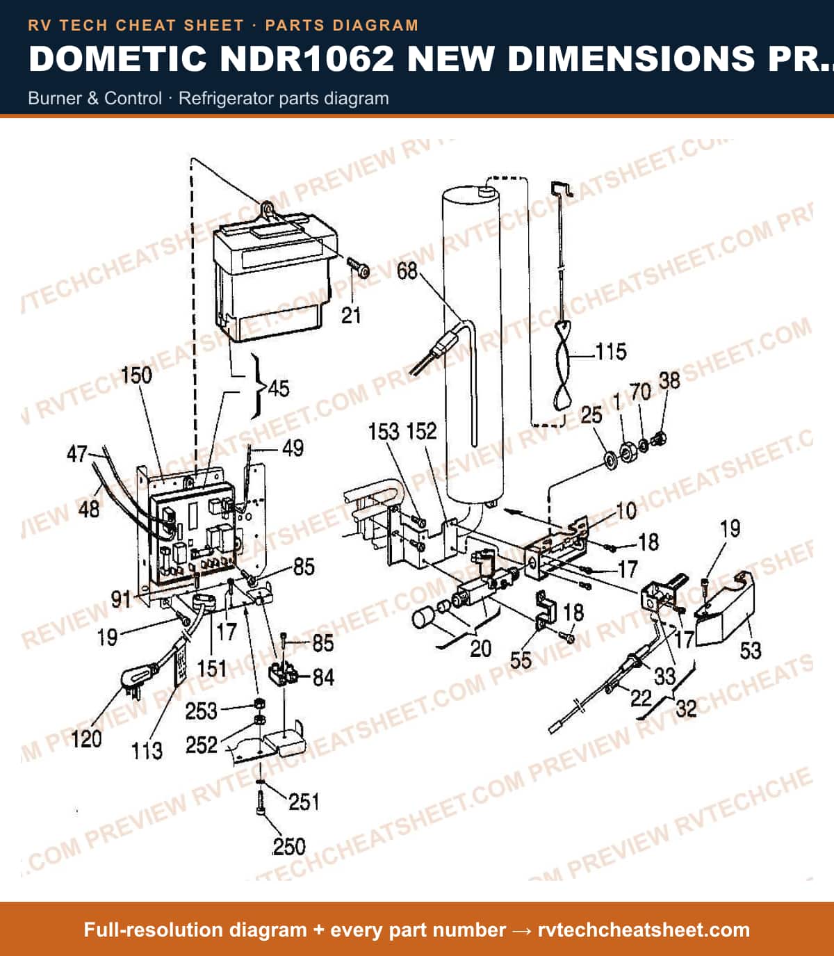 Dometic NDR1062 New Dimensions Product # 921146178 Black burner & control — parts list sheet