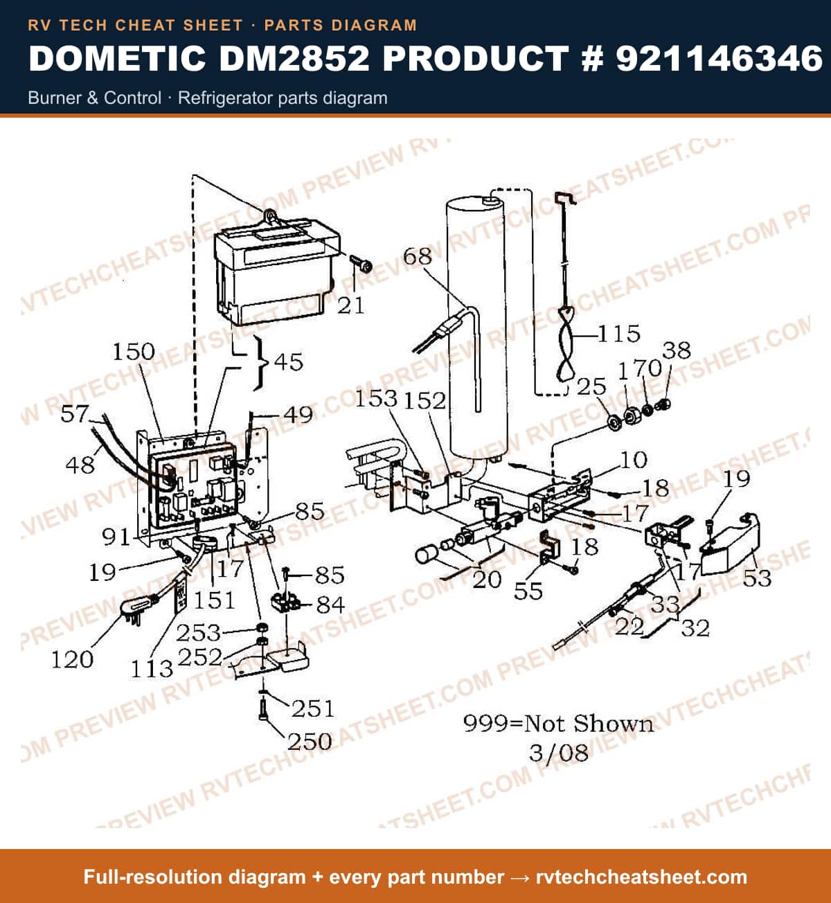 Dometic DM2852 Product # 921146346 burner & control — parts list sheet