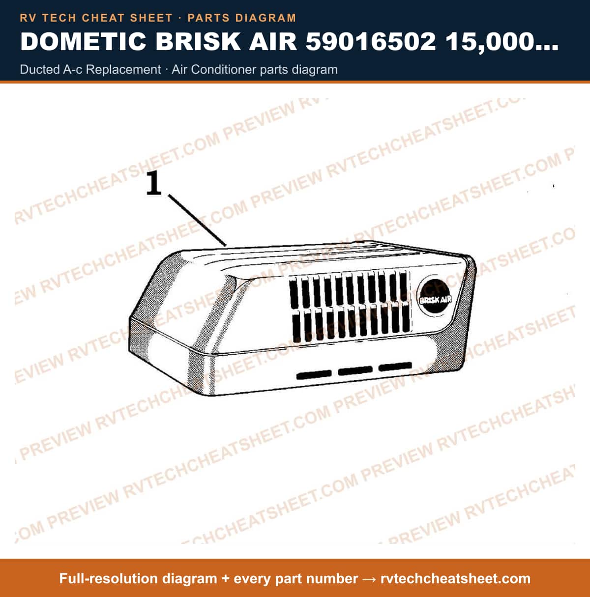 Dometic Brisk Air 59016502 15,000 BTU ducted a-c replacement — parts list sheet