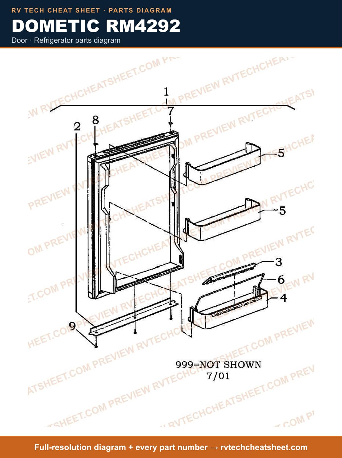 Dometic RM4292 door — parts list sheet