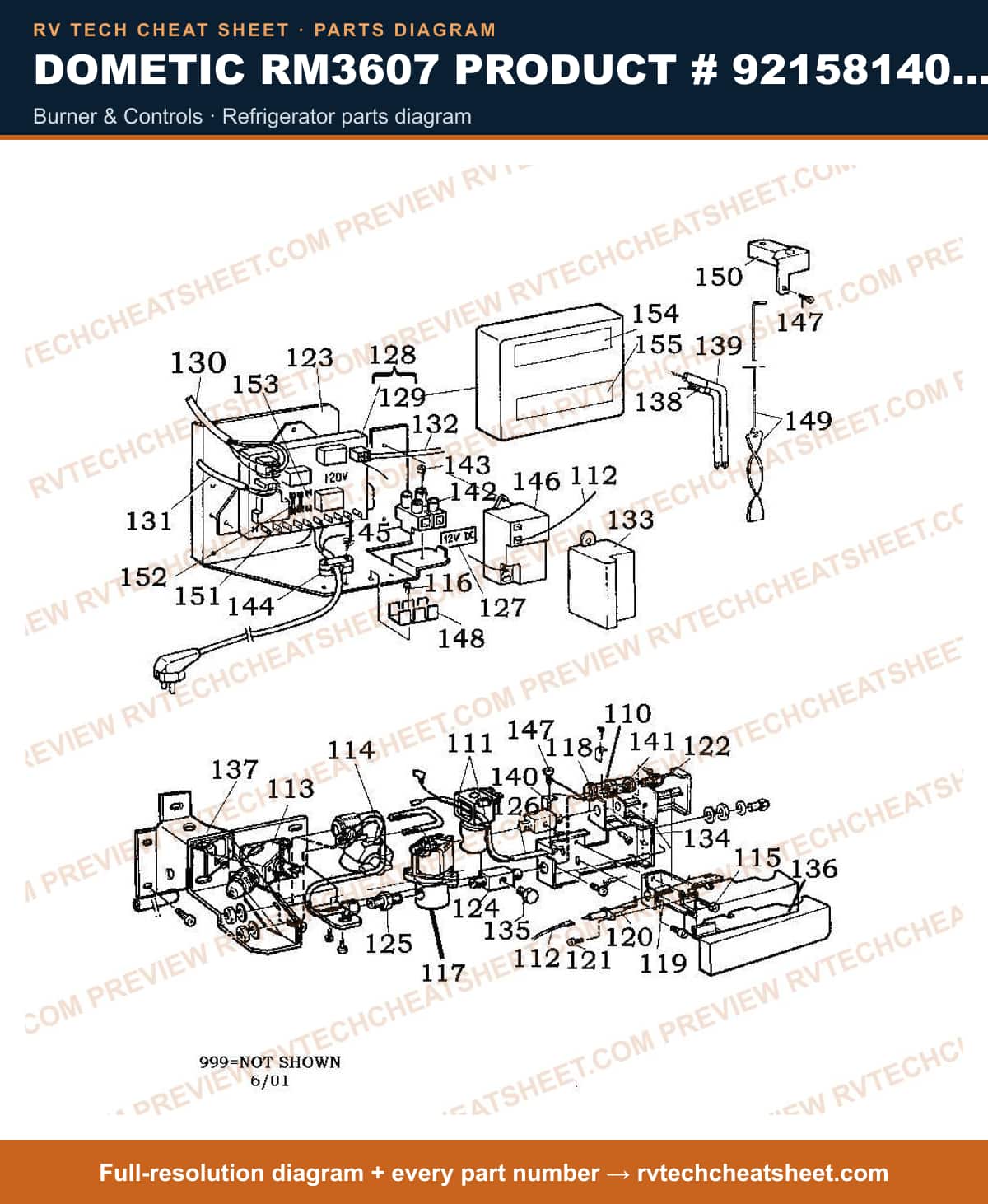 Dometic RM3607 Product # 921581401 2-WAY burner & controls — parts list sheet