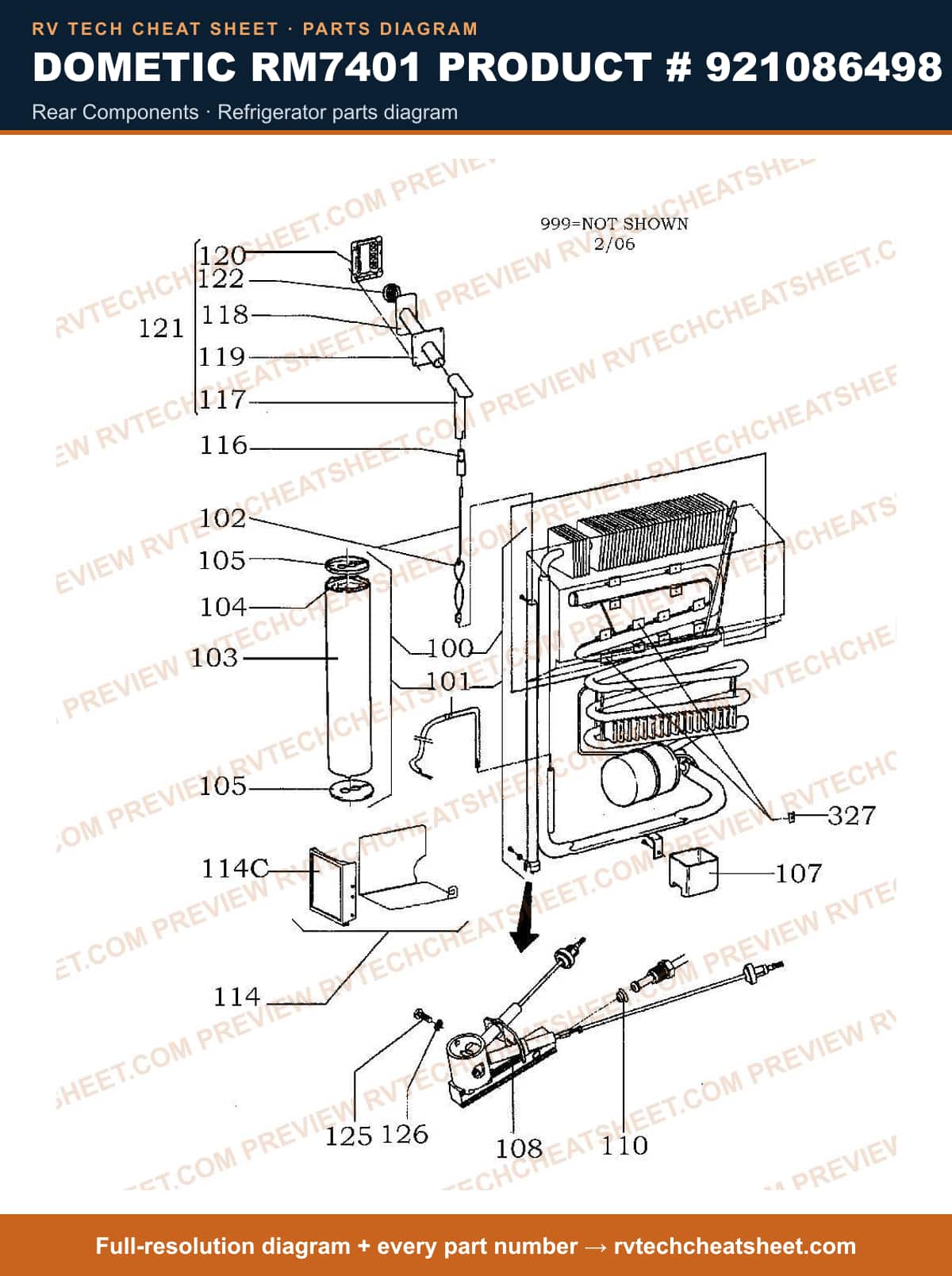 Dometic RM7401 Product # 921086498 rear components — parts list sheet