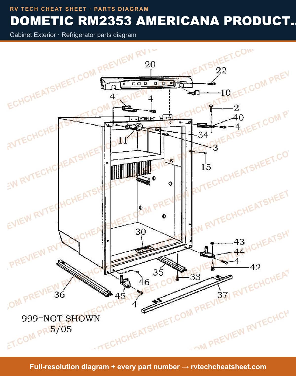 Dometic RM2353 Americana Product # 921145016 Beige cabinet exterior — parts list sheet