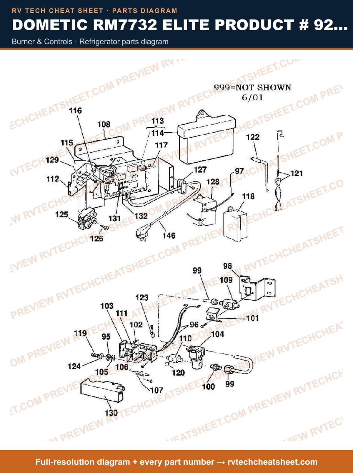 Dometic RM7732 Elite Product # 921148011 burner & controls — parts list sheet