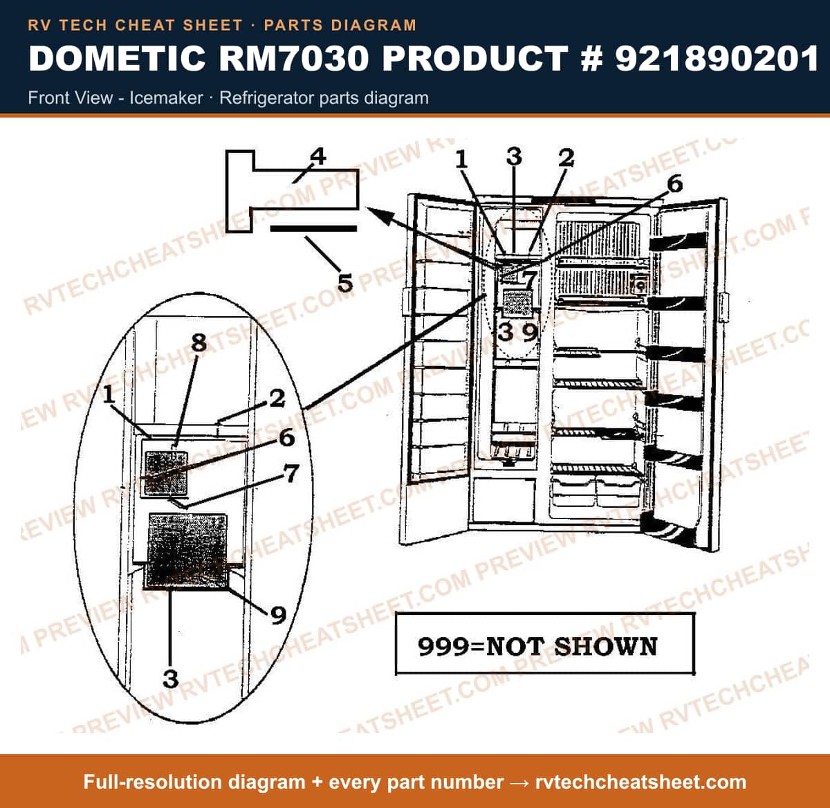 Dometic RM7030 Product # 921890201 front view - icemaker — parts list sheet