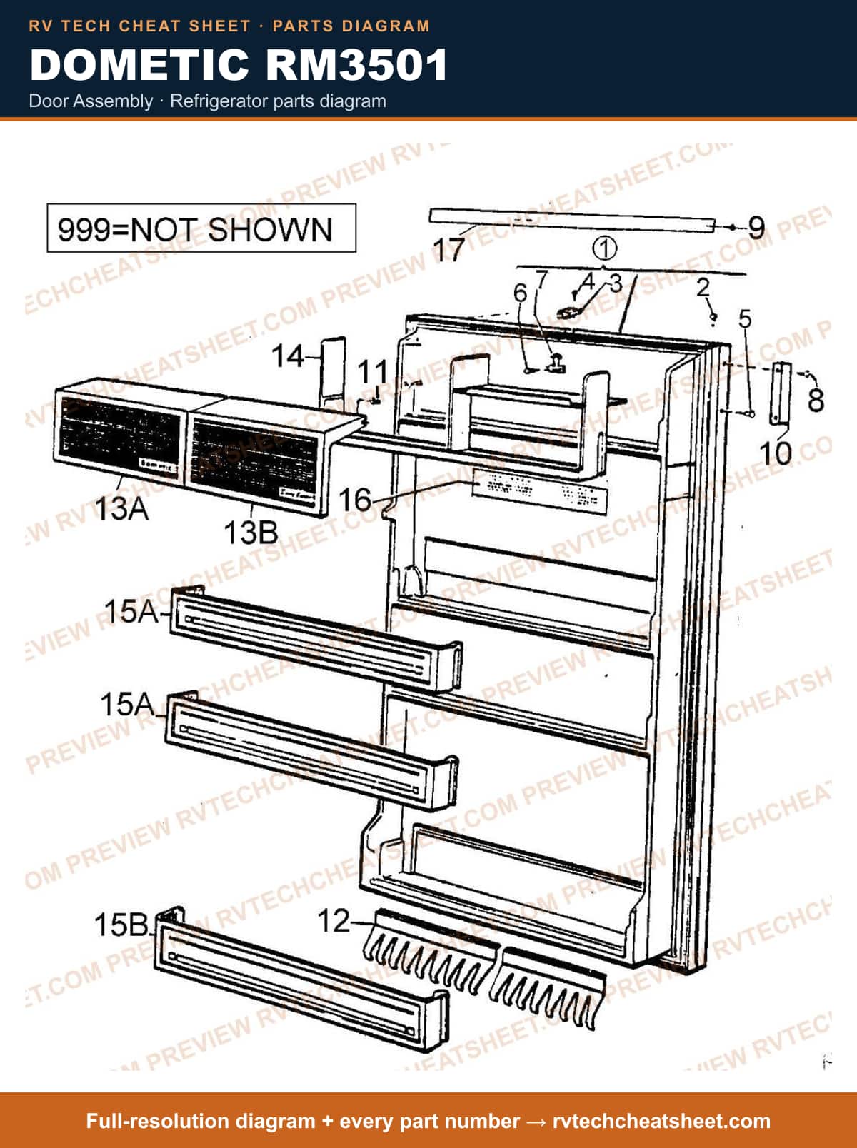 Dometic RM3501 door assembly — parts list sheet