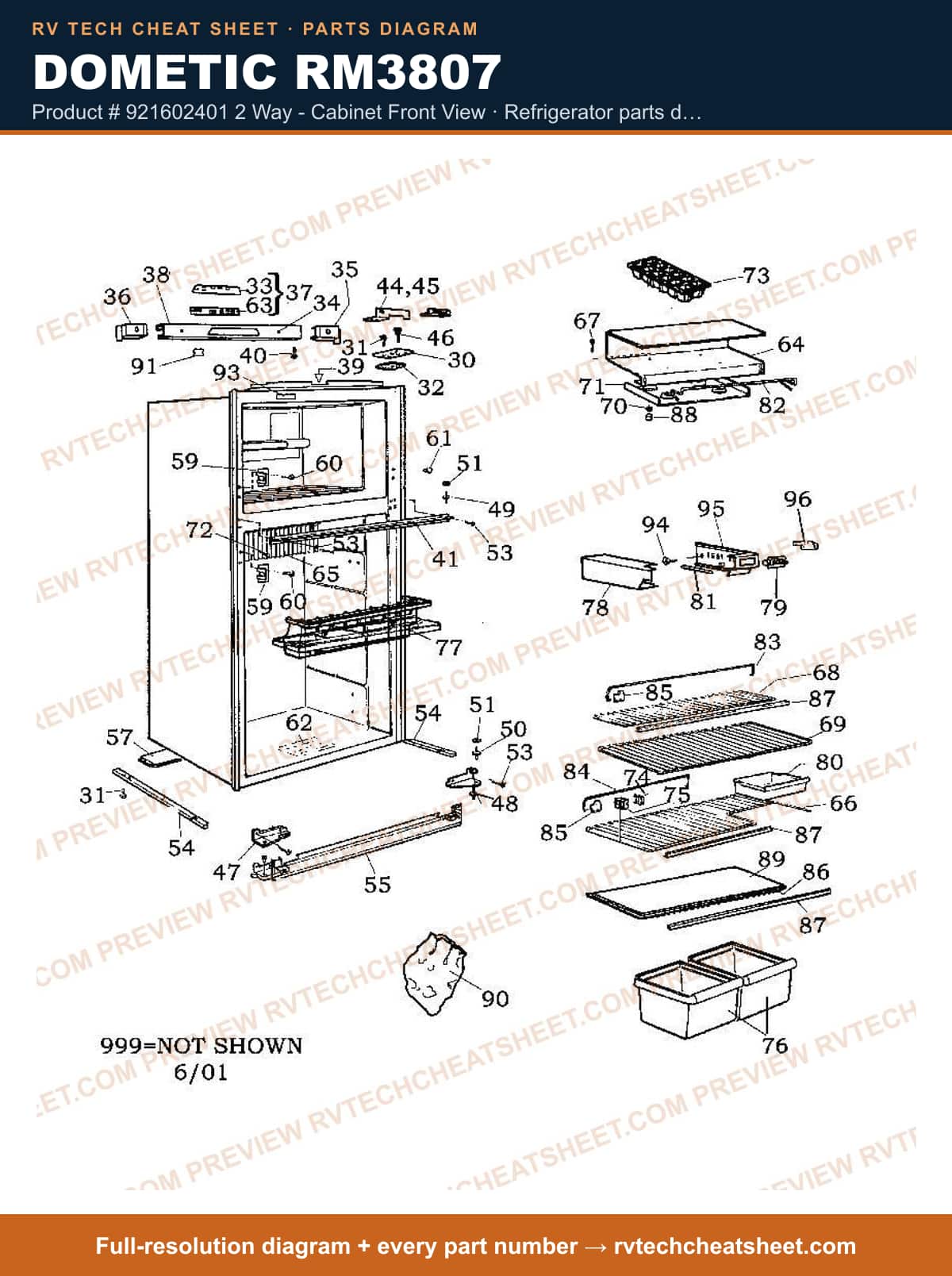Dometic RM3807 product # 921602401 2 way - cabinet front view — parts list sheet