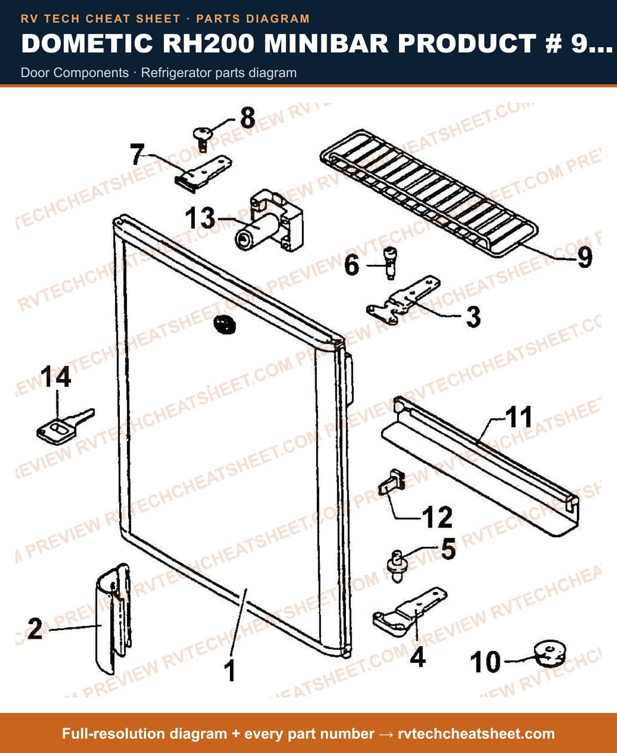 Dometic RH200 Minibar Product # 921517101 door components — exploded parts diagram