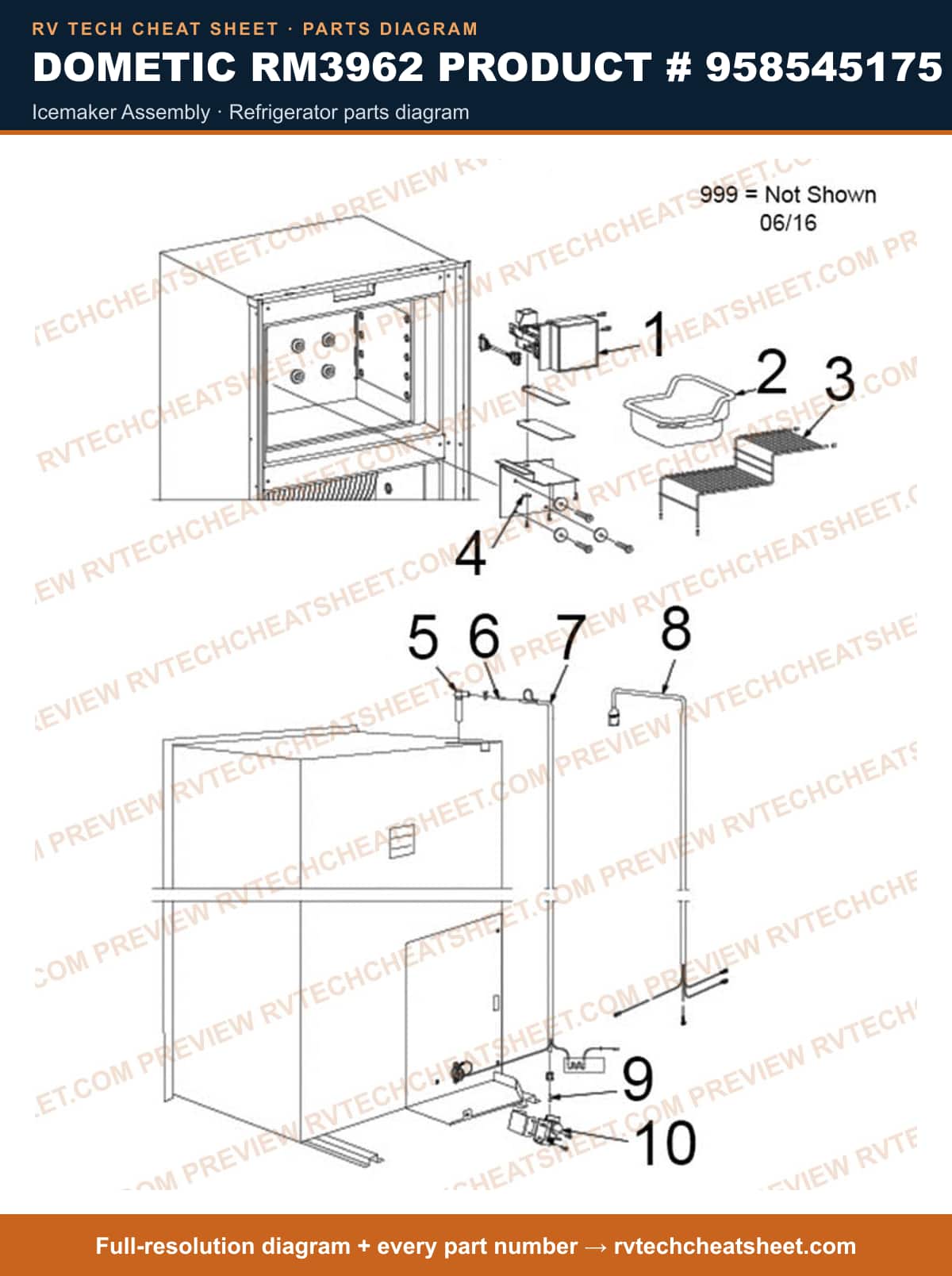 Dometic RM3962 Product # 958545175 icemaker assembly — parts list sheet