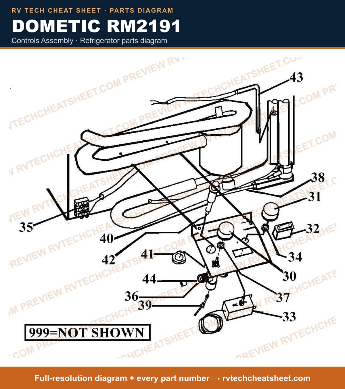 Dometic RM2191 controls assembly — parts list sheet