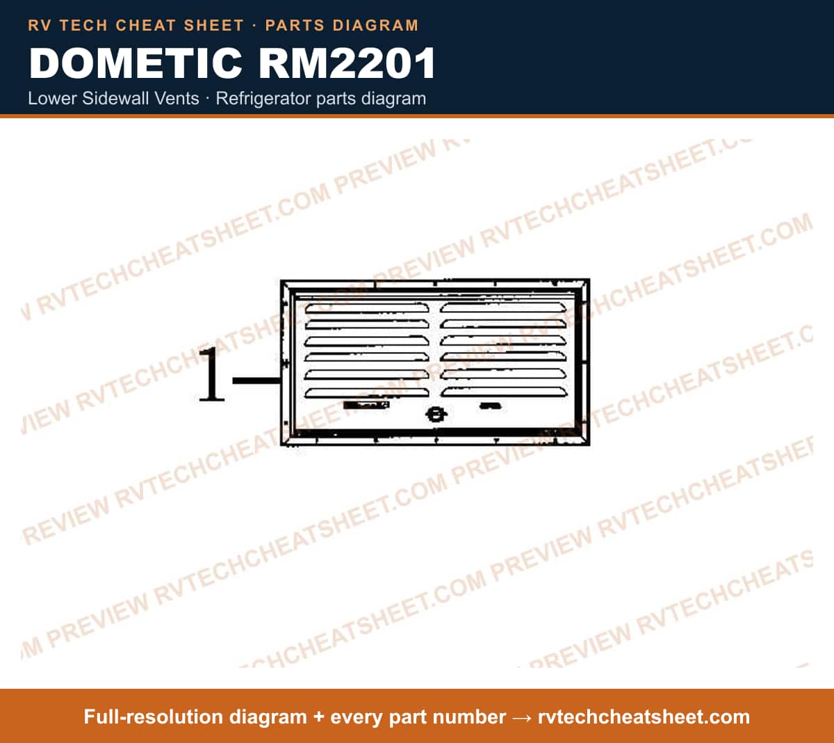 Dometic RM2201 lower sidewall vents — parts list sheet