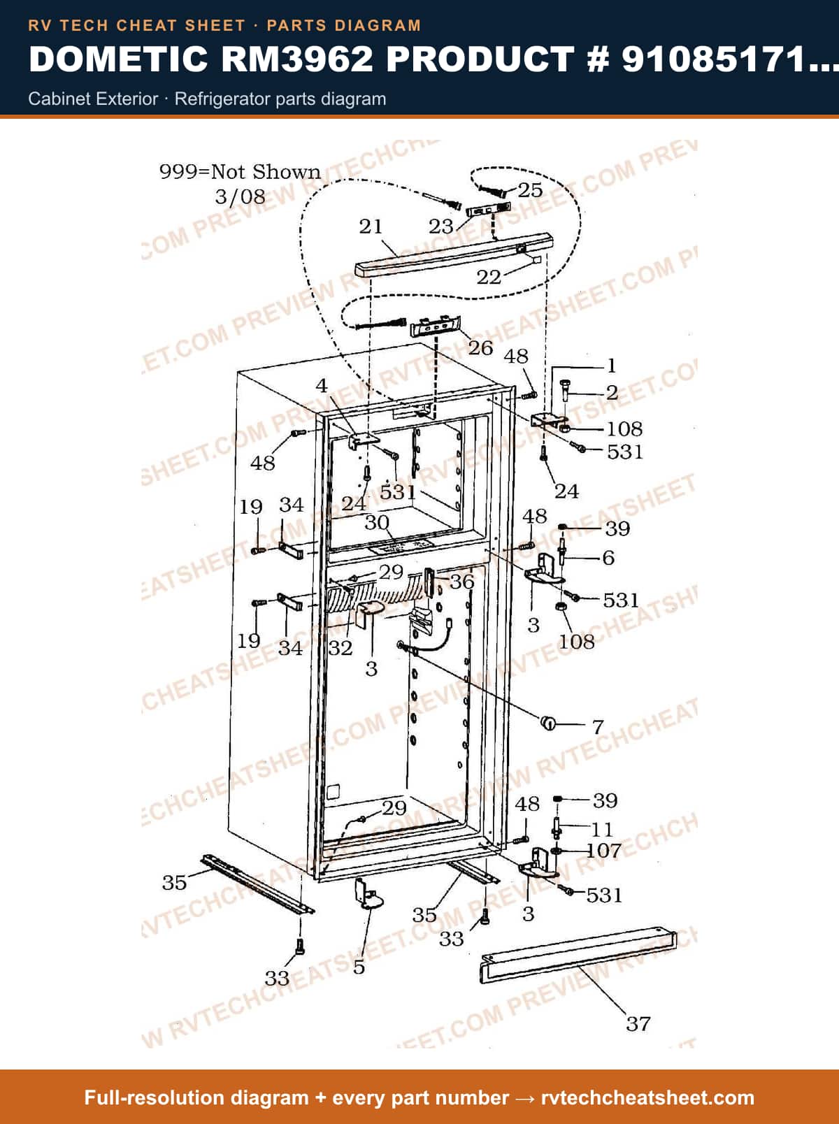 Dometic RM3962 Product # 9108517168 cabinet exterior — parts list sheet
