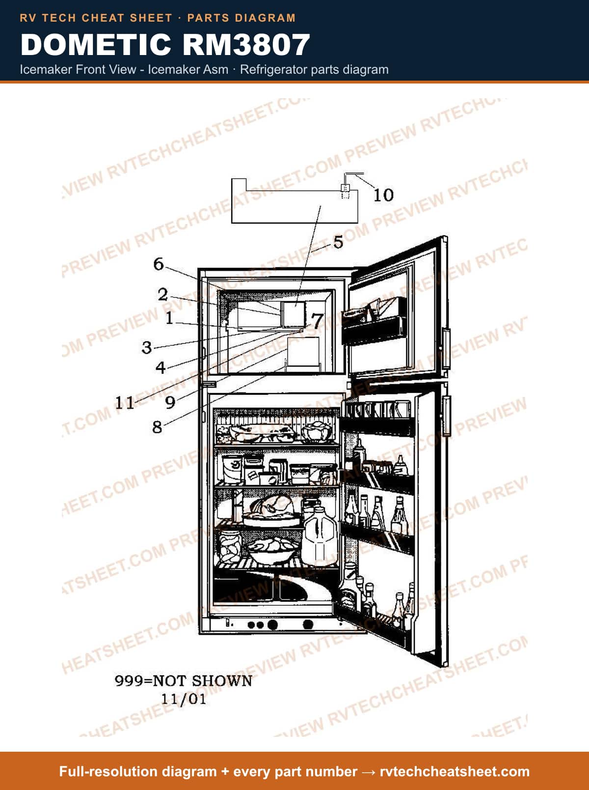 Dometic RM3807 icemaker front view - icemaker asm — parts list sheet
