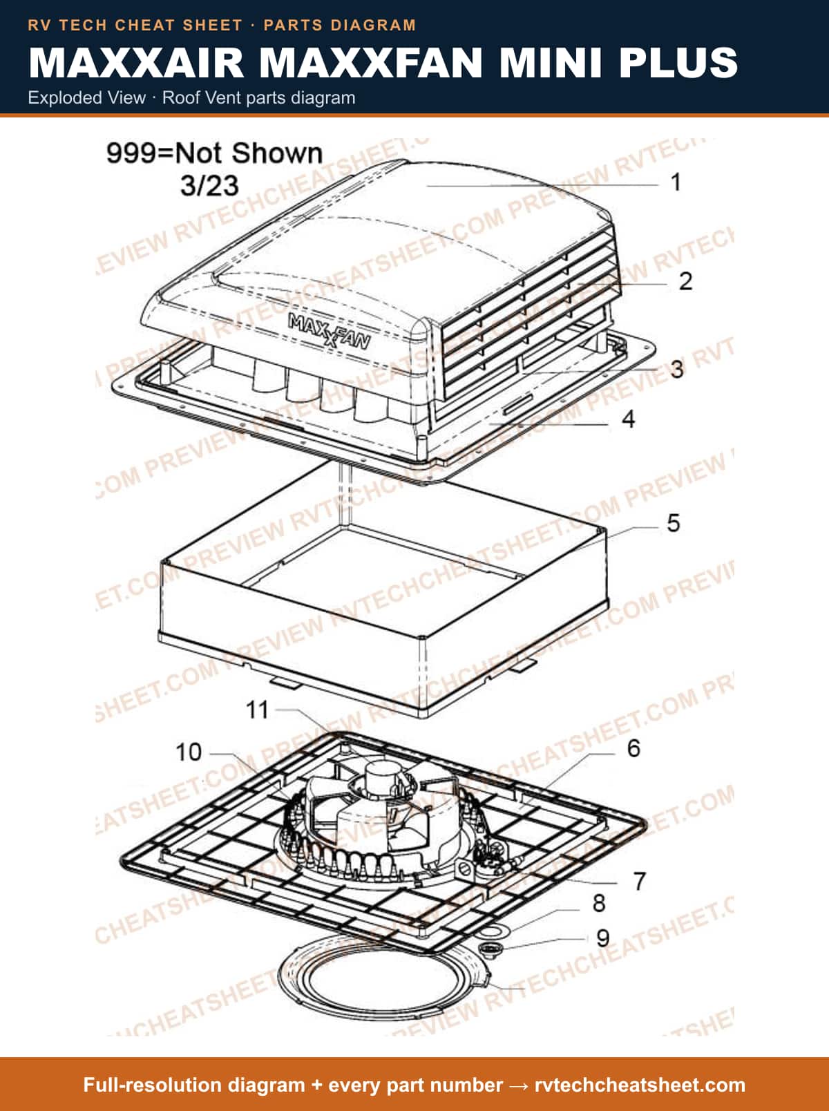 MaxxAir Maxxfan Mini Plus exploded view — parts list sheet 3 of 4