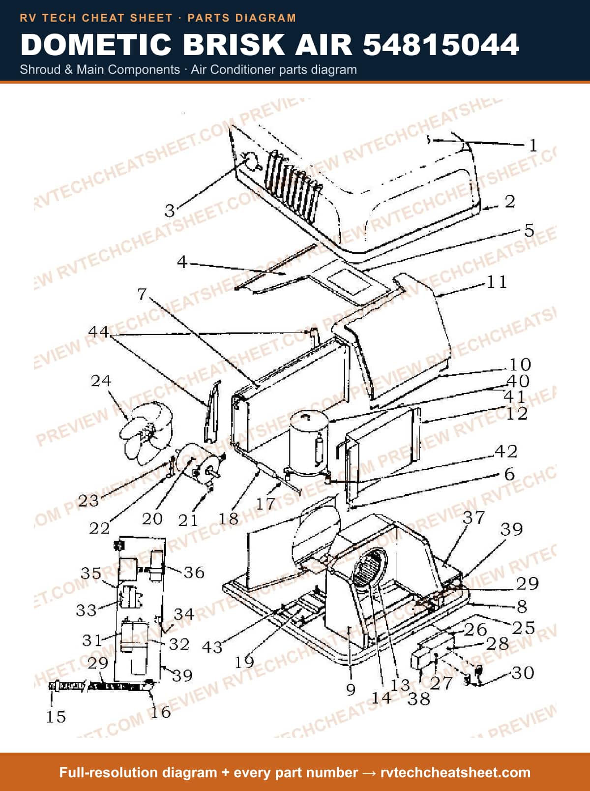 Dometic Brisk Air 54815044 shroud & main components — exploded parts diagram